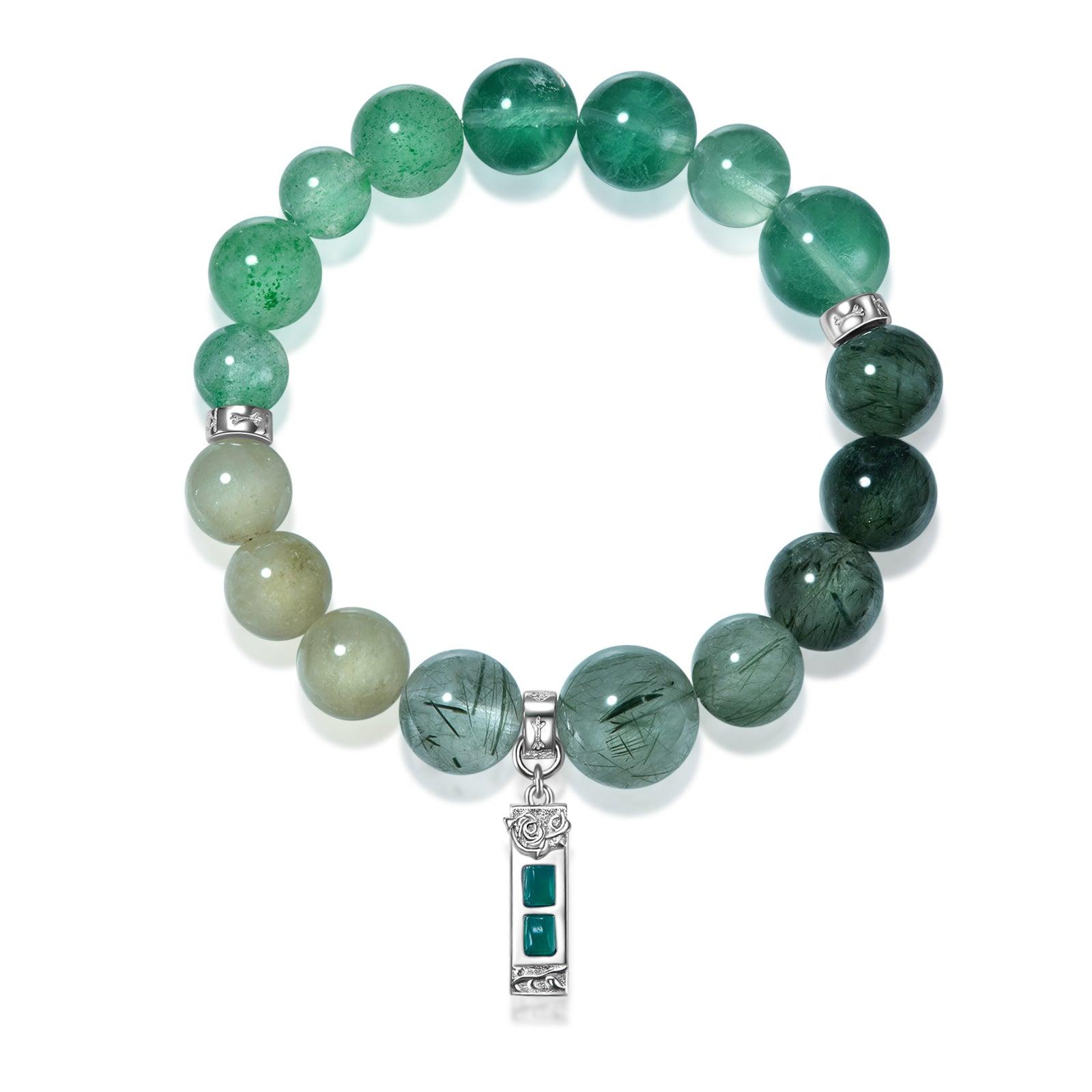 Aurozia Women's Five Elements Wood/ Sterling Silver Emerald Life Tree With Flower Pendant Crystal Bracelet In Green