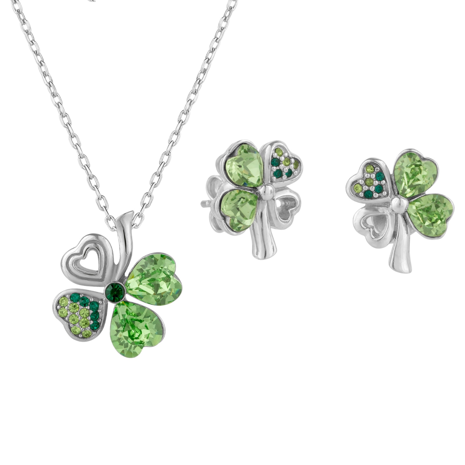 Spero London Women's Green / Silver Four Leaf Clover Tones Of Green Earring & Necklace Set In Sterling Silver