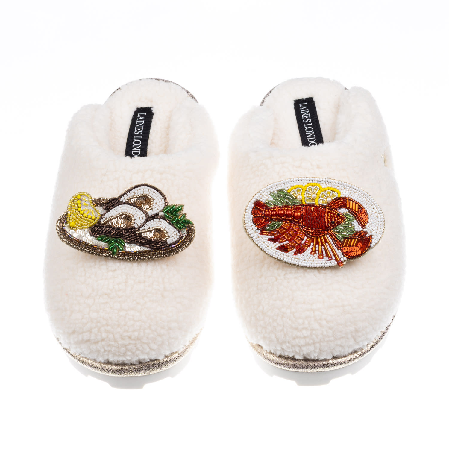 Laines London Women's Neutrals / White Teddy Closed Toe Slippers With Lobster Platter & Oyster Brooches - Cream In White