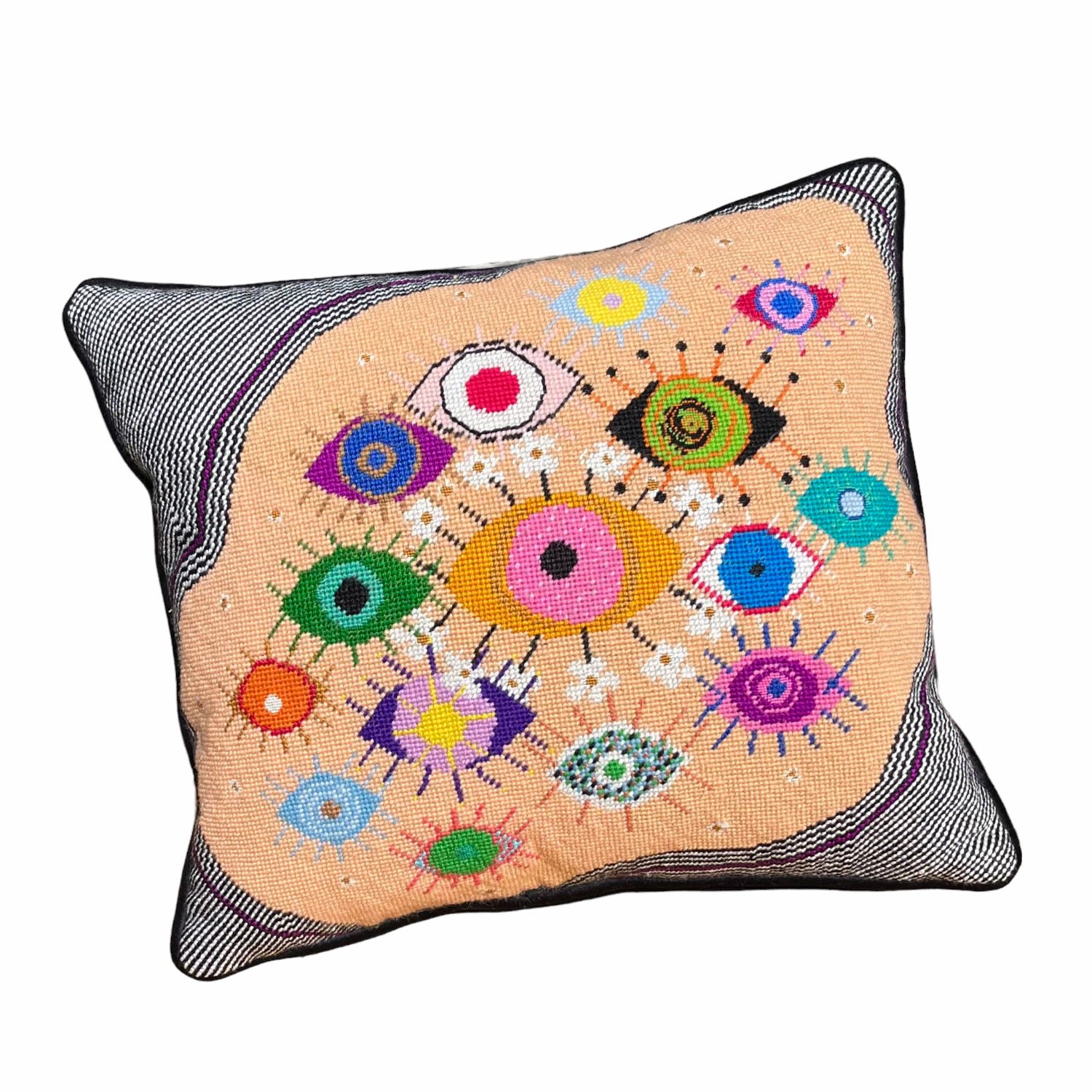 Hand-Embroidered Needlepoint "Idoleyes" Feather Down Pillow, Original, One Of A Kind Mommani Threads