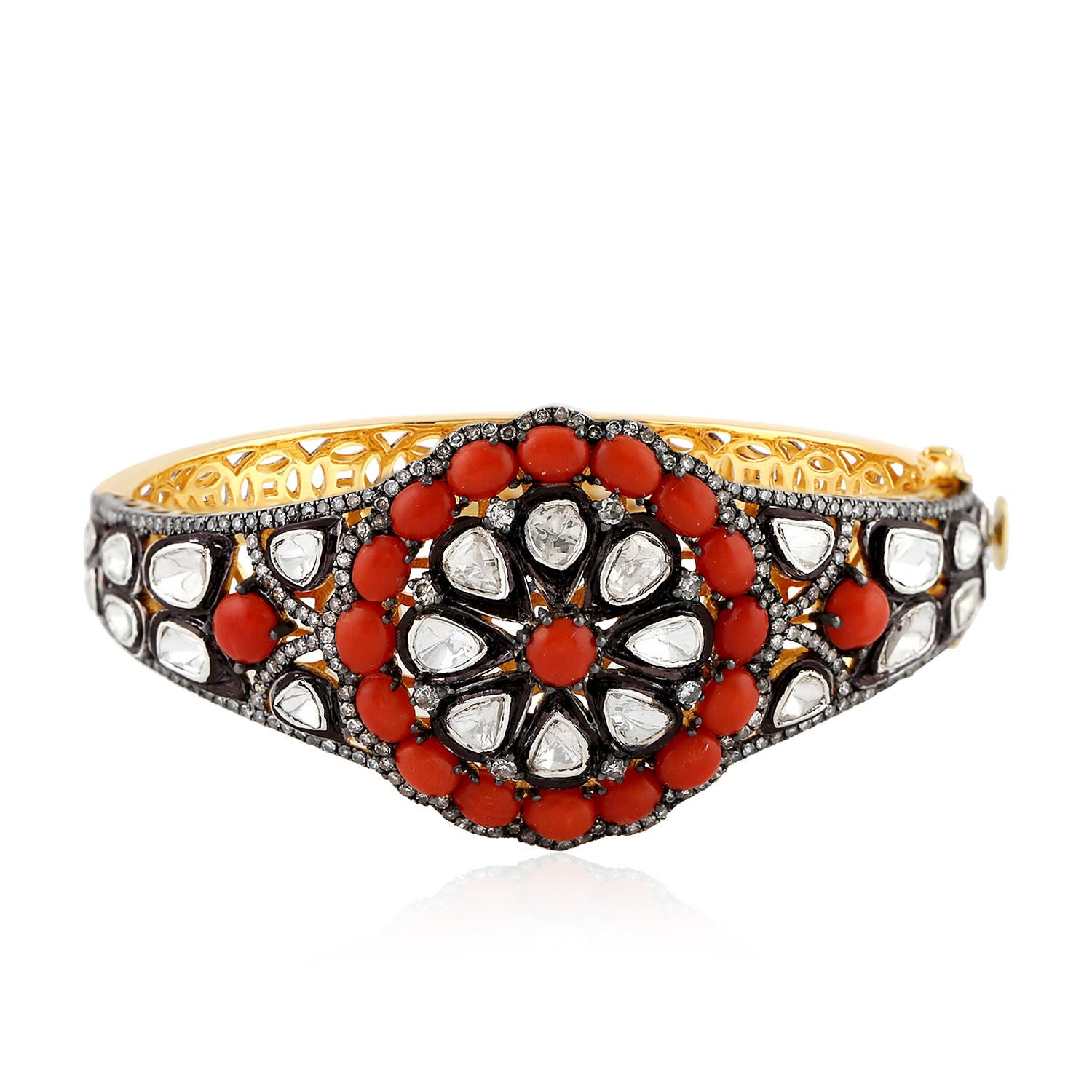 Women’s Gold / White Natural Rose Cut Diamond & Red Coral 18K Gold 925 Silver Traditional Bangle Bracelet Artisan