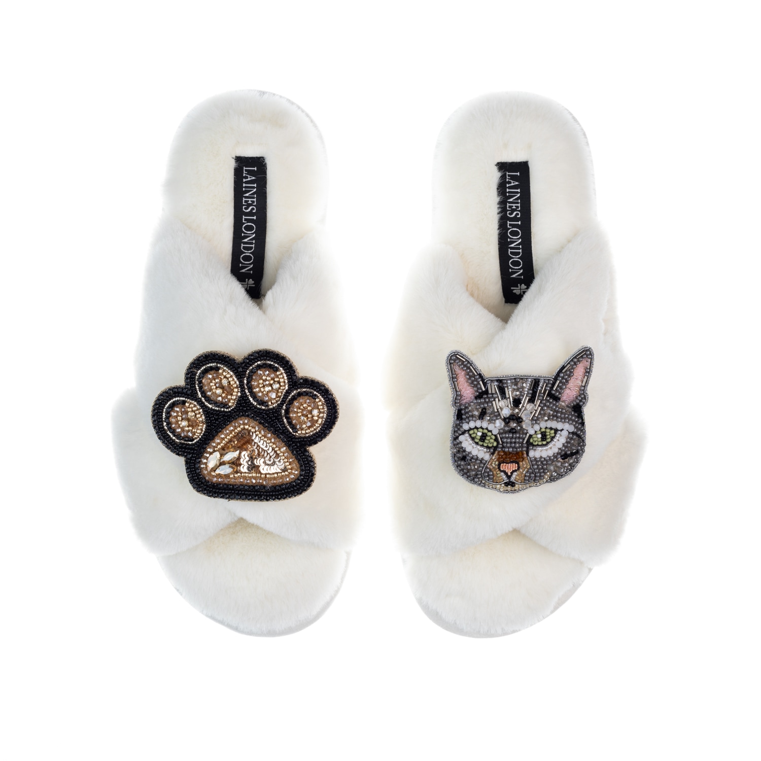 Laines London Women's White Classic Laines Slippers With Grey Pebbles Cat & Paw Brooches - Cream