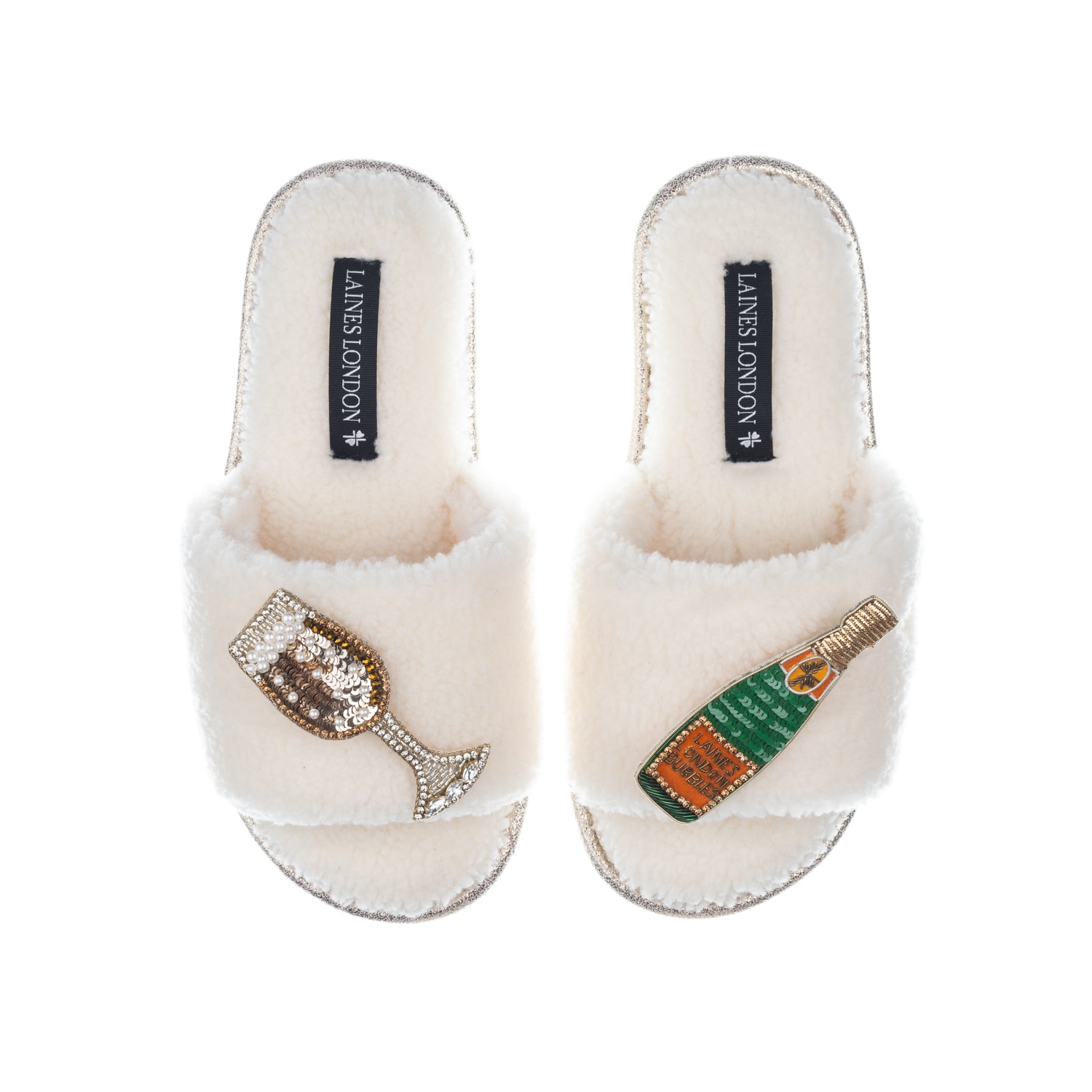 Laines London Women's White Teddy Towelling Slipper Sliders With Laines Champers Brooches - Cream In White