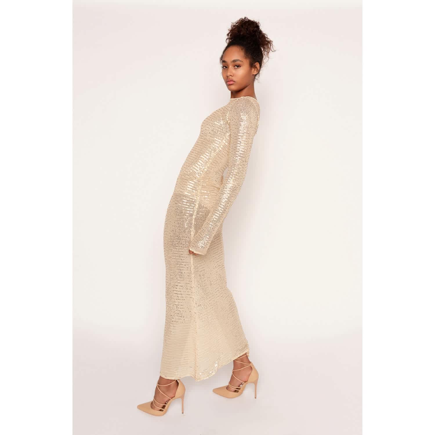 cream sequin dress BEIGE LONG WITH SEQUINS Hand Wash Cold retrofte Women's Cyra Sequin Dress