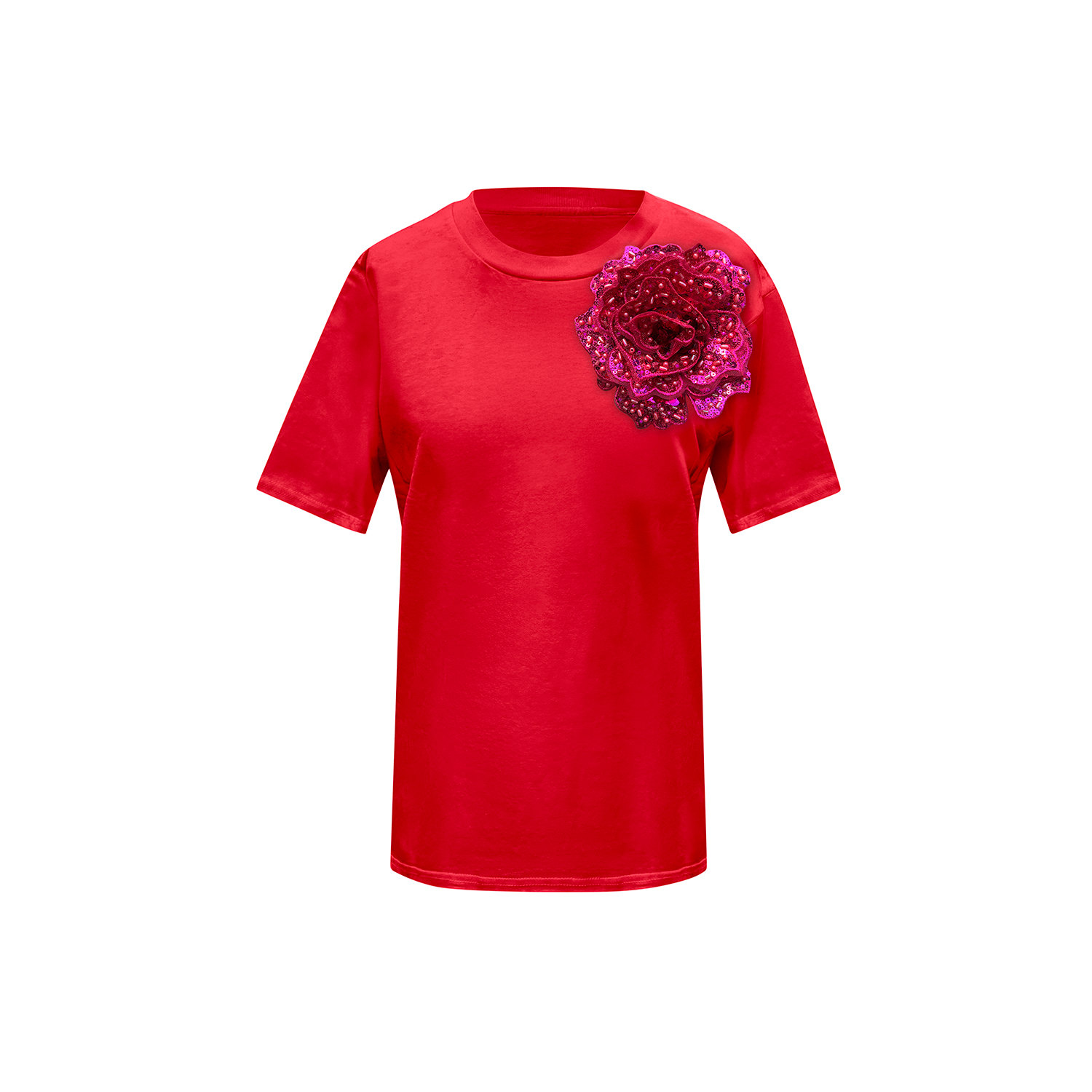 Toma Women's Red Cotton T-shirt With Red Side Sequin Rose In Multi