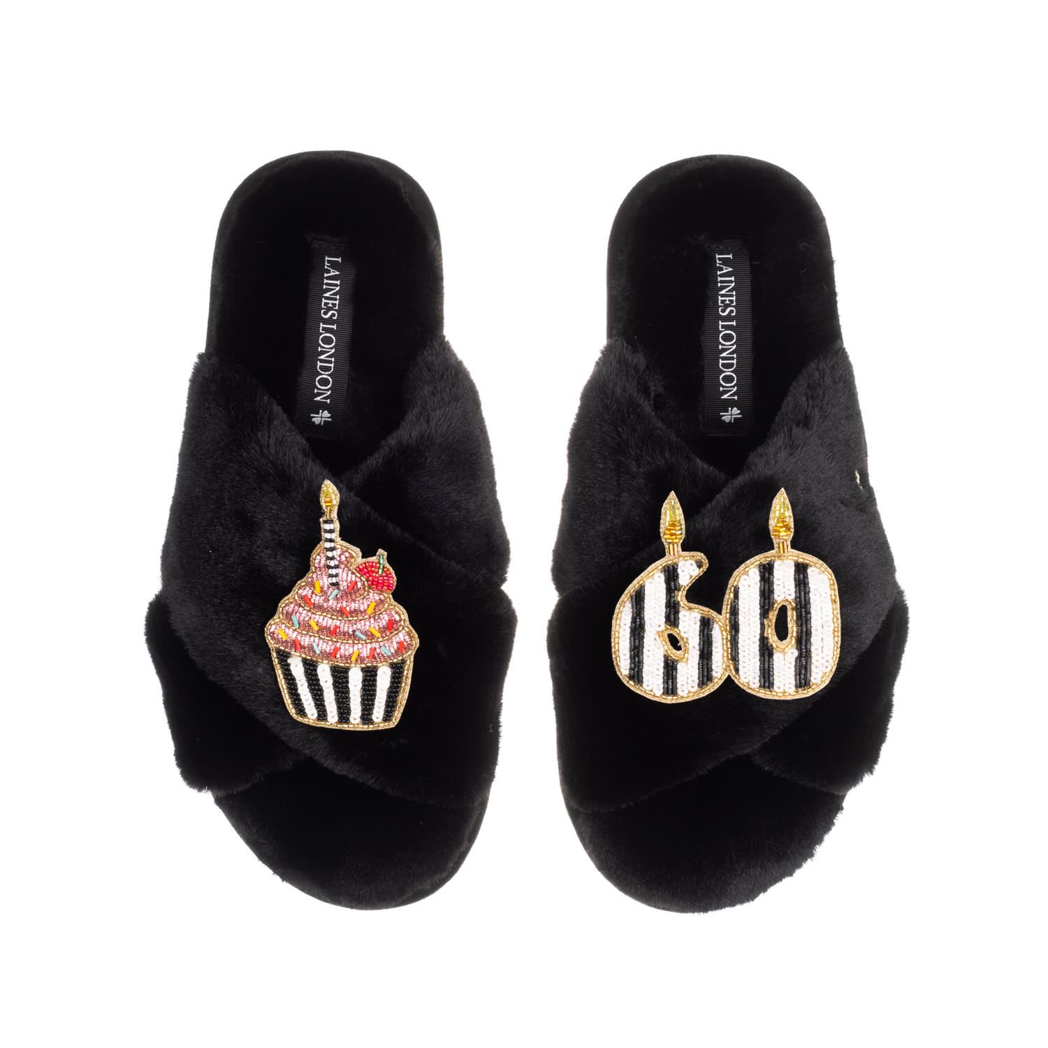 Laines London Women's Classic Laines Slippers With Stripe 60th Birthday & Cake Brooches - Black In Black