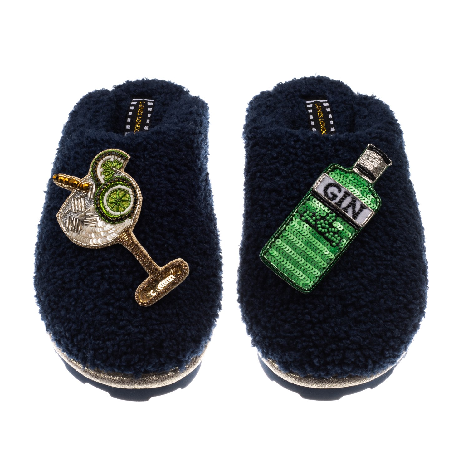 Laines London Women's Blue Teddy Closed Toe Slippers With Original Gin & Glass Brooches - Navy In Blue