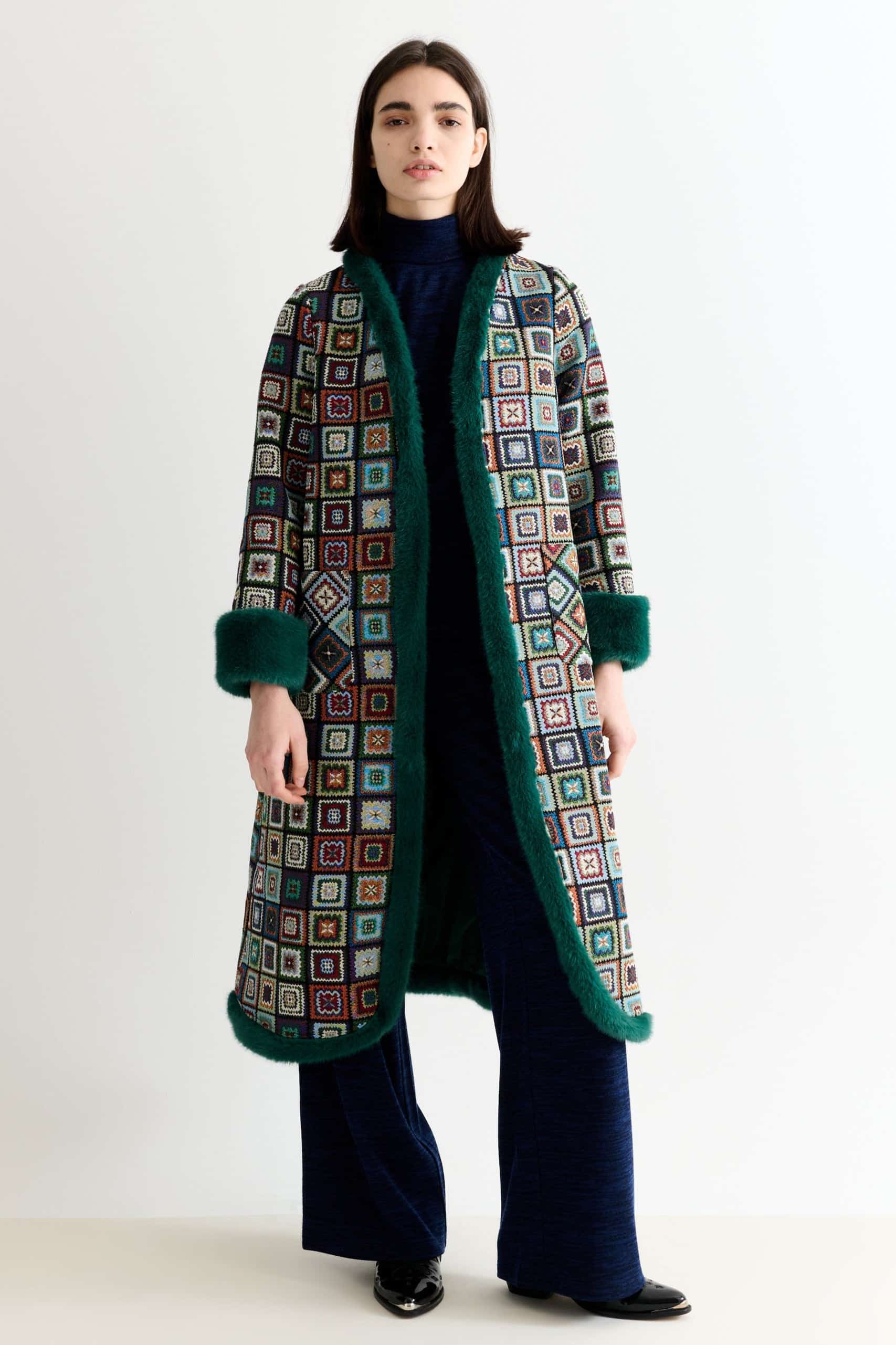 Delphia Seventies Patch Jacquard Fur Trim Coat – Multicolored