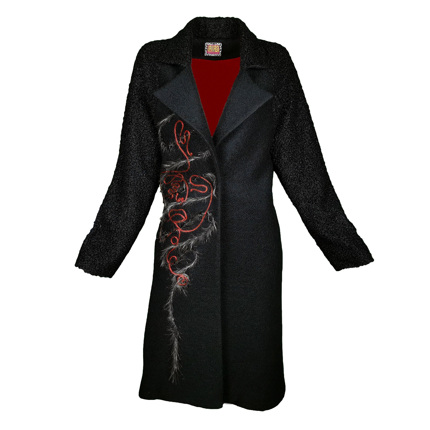 Women’s Black Felt Coat With Embroidery Details & Raglan Sleeves Small Lalipop Design