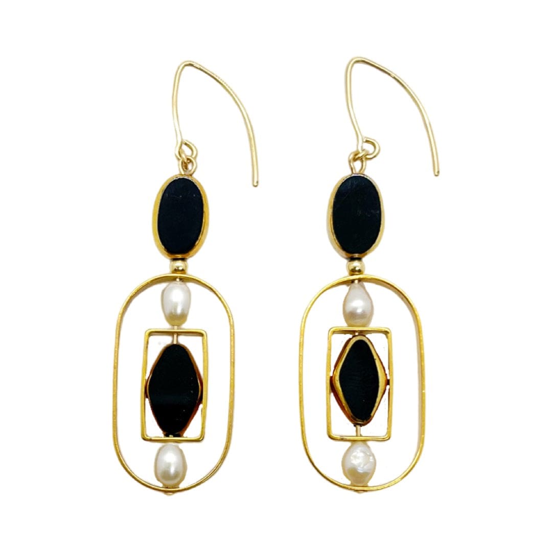 Women’s Geometric Art Black Oval X Pearls Earrings Aracheli Studio