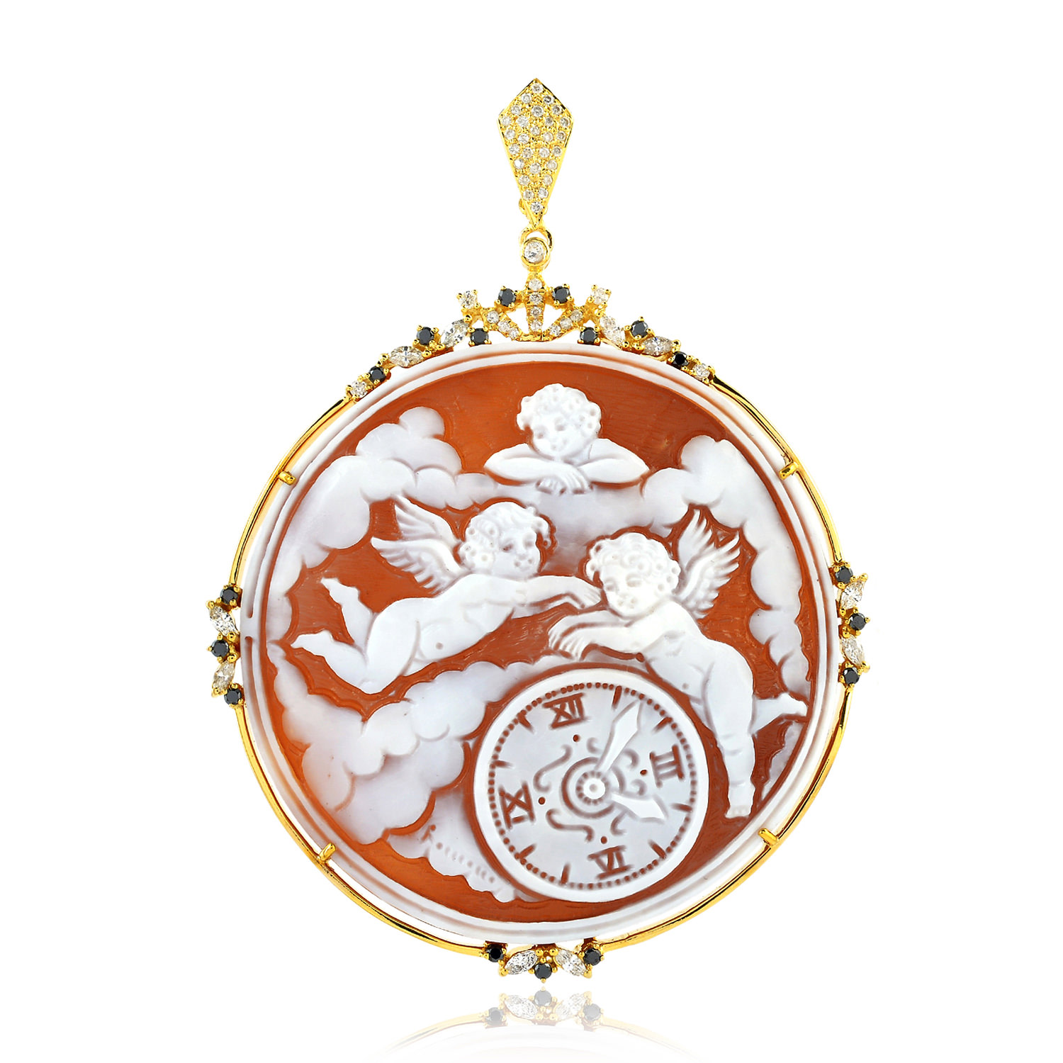 Artisan Women's White / Gold / Yellow Natural Shell Cameo Pendant Handmade18k Solid Yellow Gold Diamond