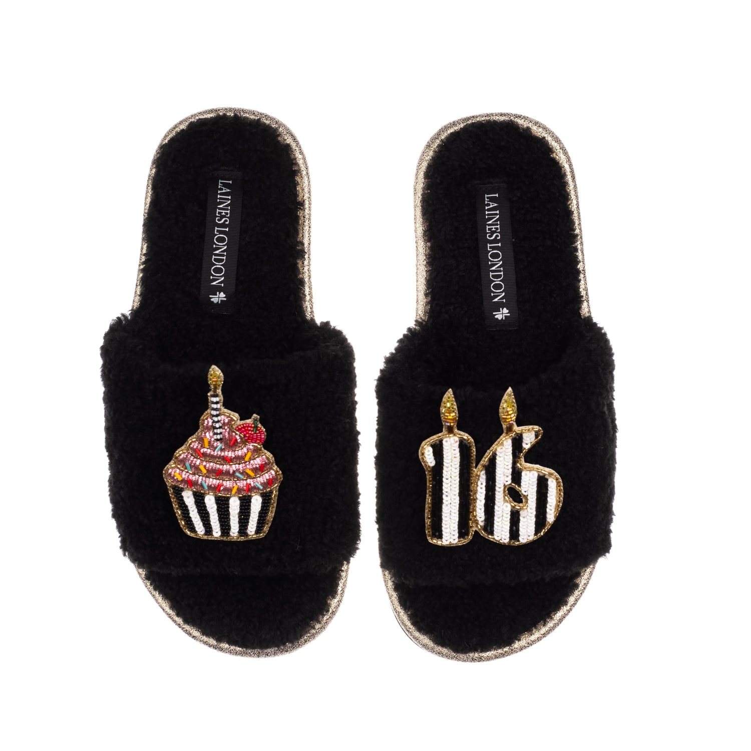 Laines London Women's Teddy Toweling Slipper Slider With Stripe 16th Birthday & Cake Brooches - Black In Black