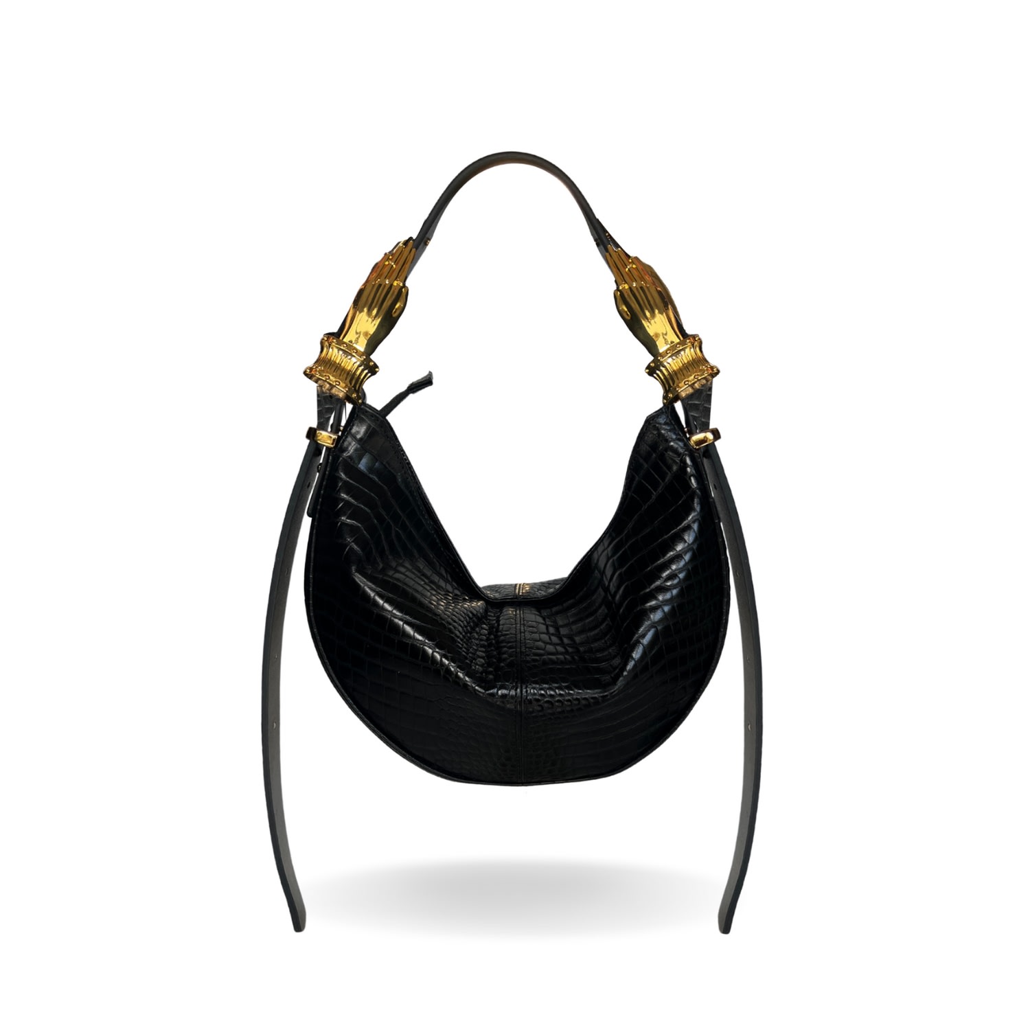 Indigolush Women's Hobo Adjustable Hand Shaped Leather Bag Mini Black Lizard Two Hands