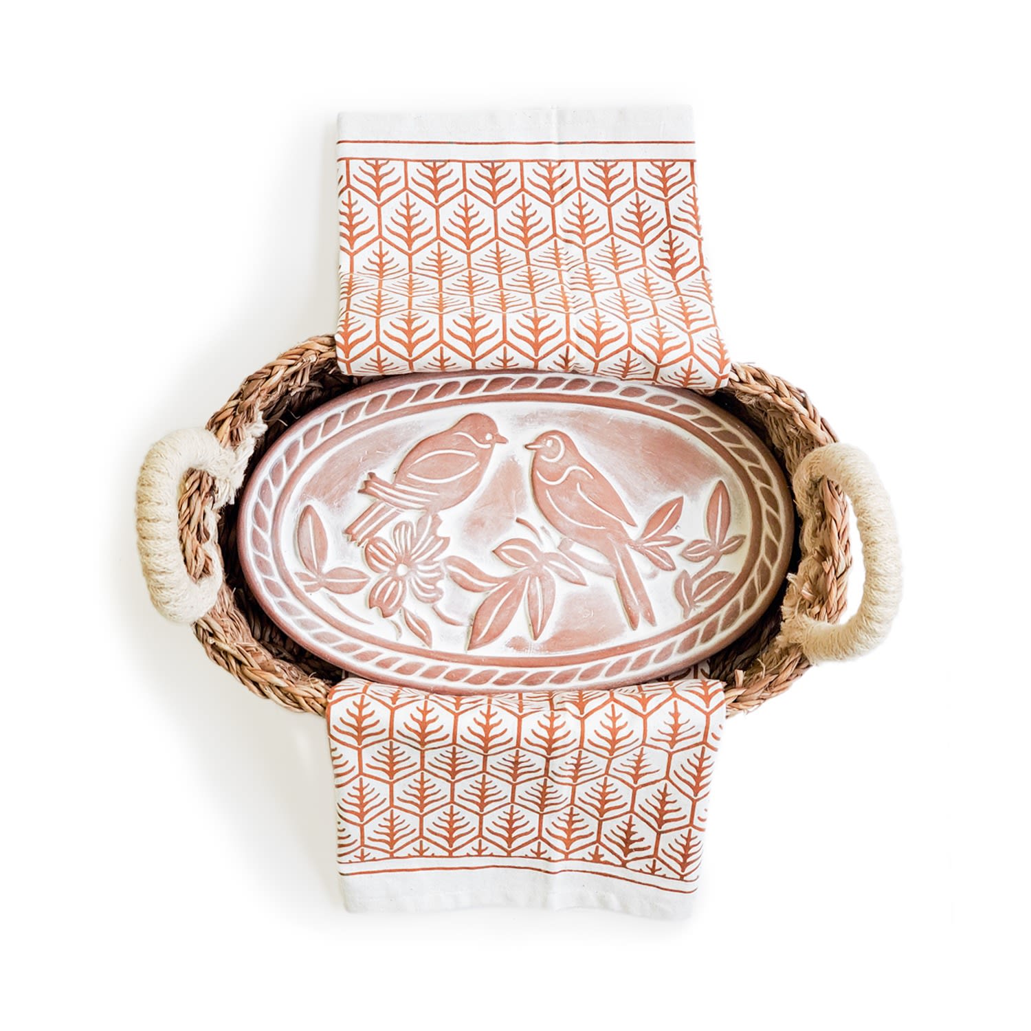 Korissa Bread Warmer & Basket Gift Set With Light Brown Tea Towel - Lovebird Oval In Brown