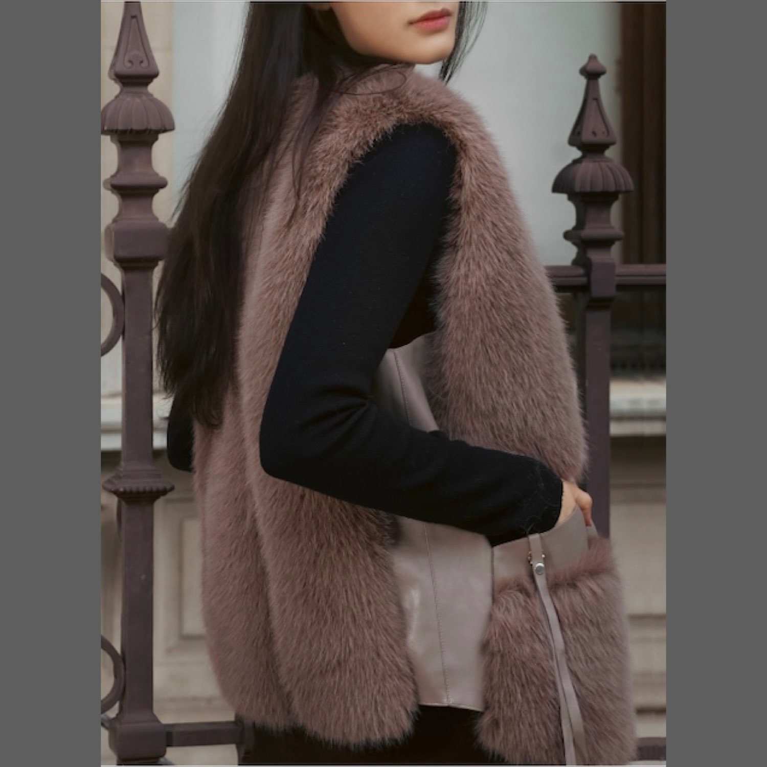 Galaxy Brown Vest Eco Fox Fur Friendly Zipper | WJY STUDIO LONDON