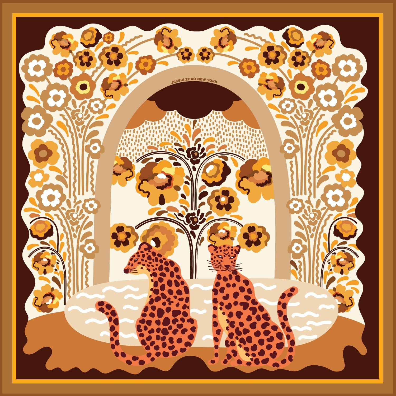 Women’s Brown Double Sided Silk Scarf Of Leopards With Floral Fountain Jessie Zhao New York