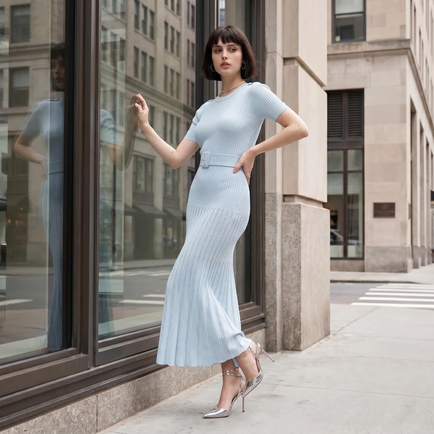 midi dress knit Ribbed Belted Pleated Skirt Soera