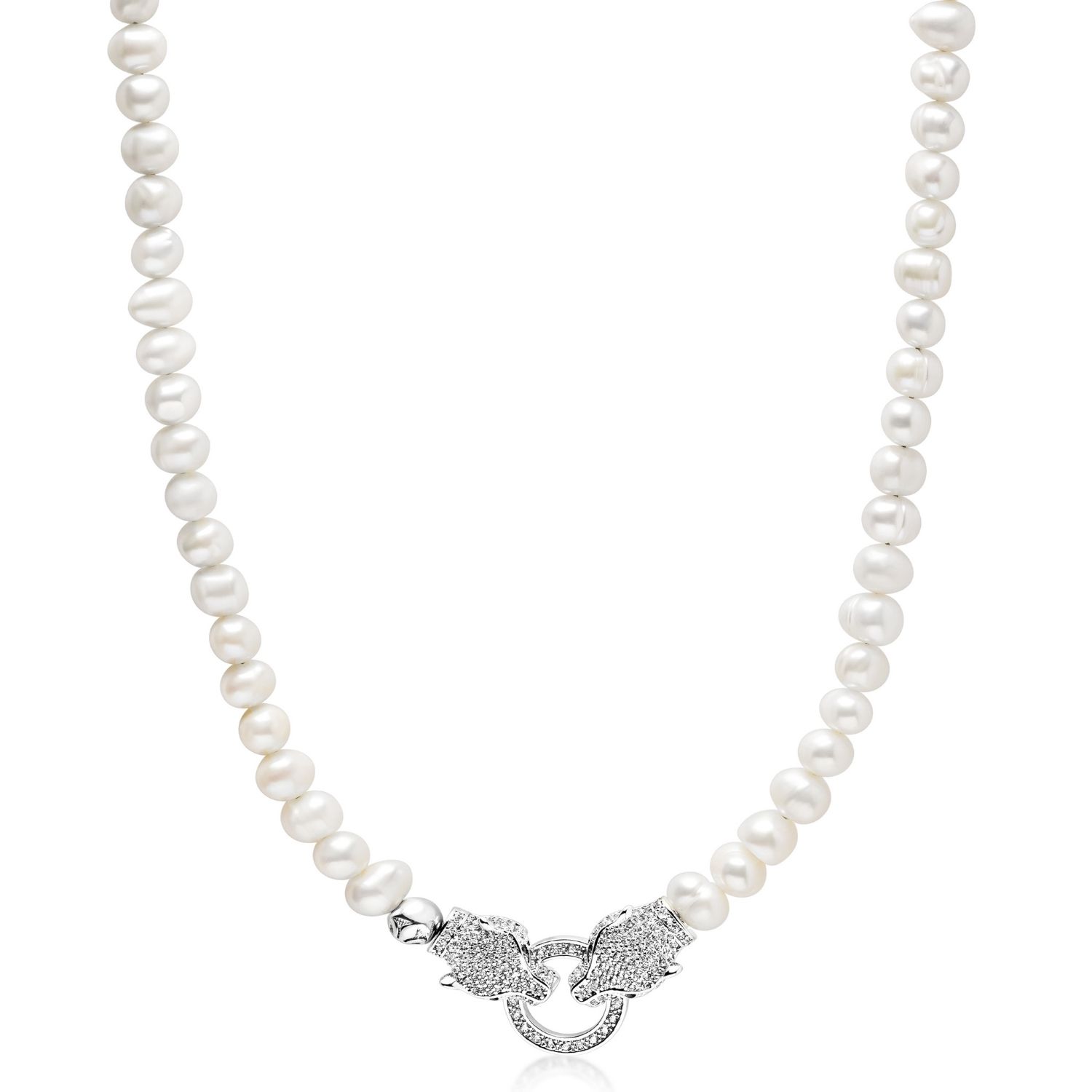 Nialaya Men's Pearl Choker With Double Panther Head In Silver