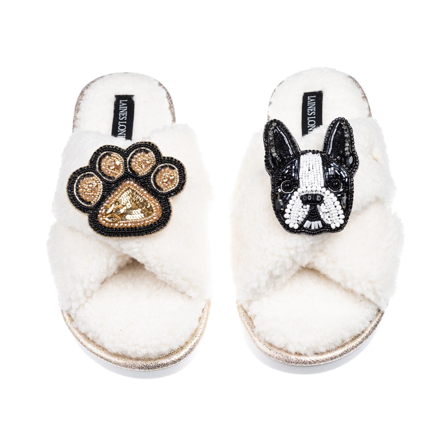 Laines London Women's Neutrals / White Laines Neutral Boucle Slippers With Buddy The Boston Terrier & Paw Brooches