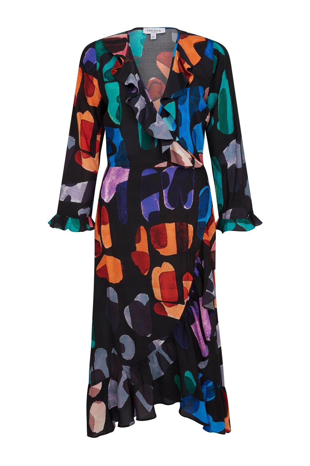 Women’s Black Midi Wrap Dress Abstract Extra Small Fresha London