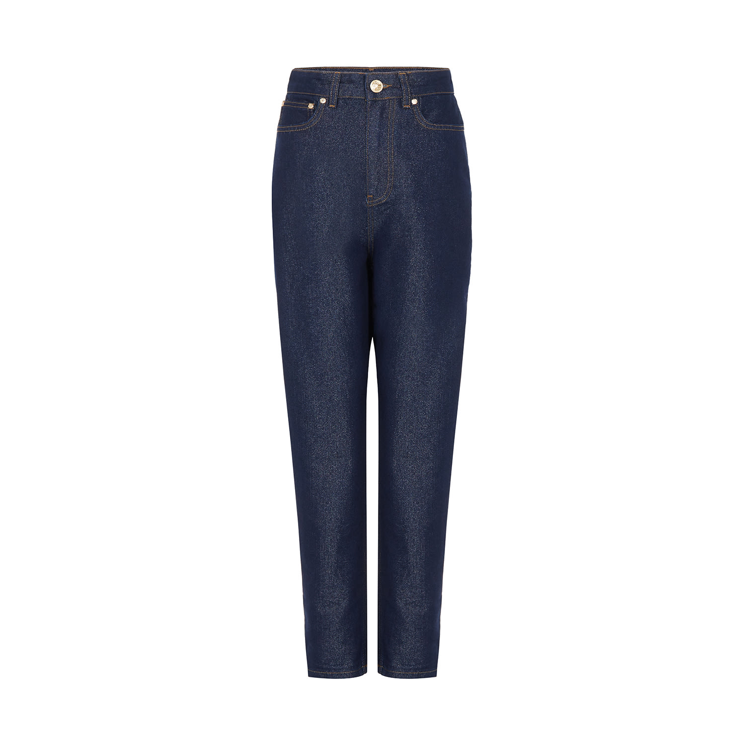 Rue Les Createurs Women's Blue Gold Button Detail Navy Denim Pants In Blue