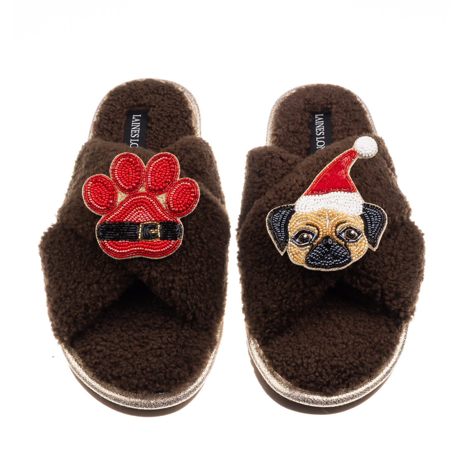 Laines London Women's Brown / Neutrals Laines Boucle Slippers With Christmas Fawn Pug & Paw Brooches - Chocolate In Brown