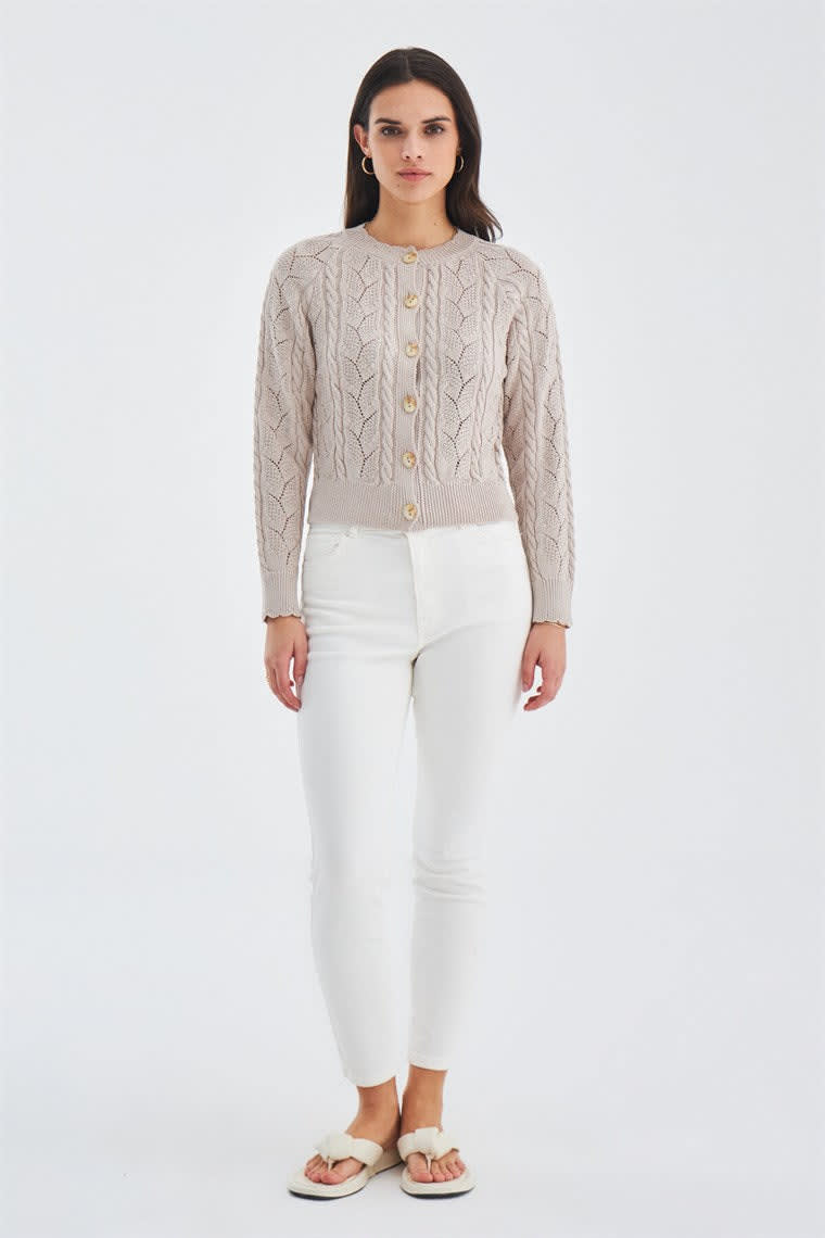 Ella Cable Knit Openwork Cropped Cardigan - Beige | Peraluna  