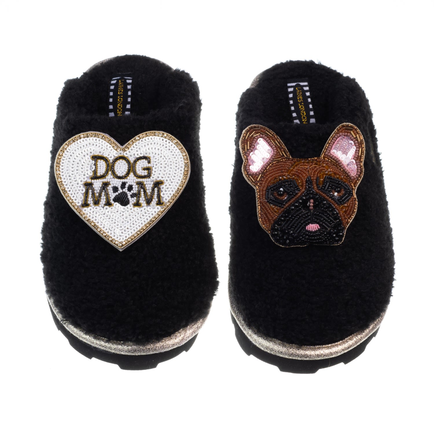 Women’s Teddy Closed Toe Slippers With Cookie The Frenchie & Dog Mum / Mom Brooches - Black Small Laines London
