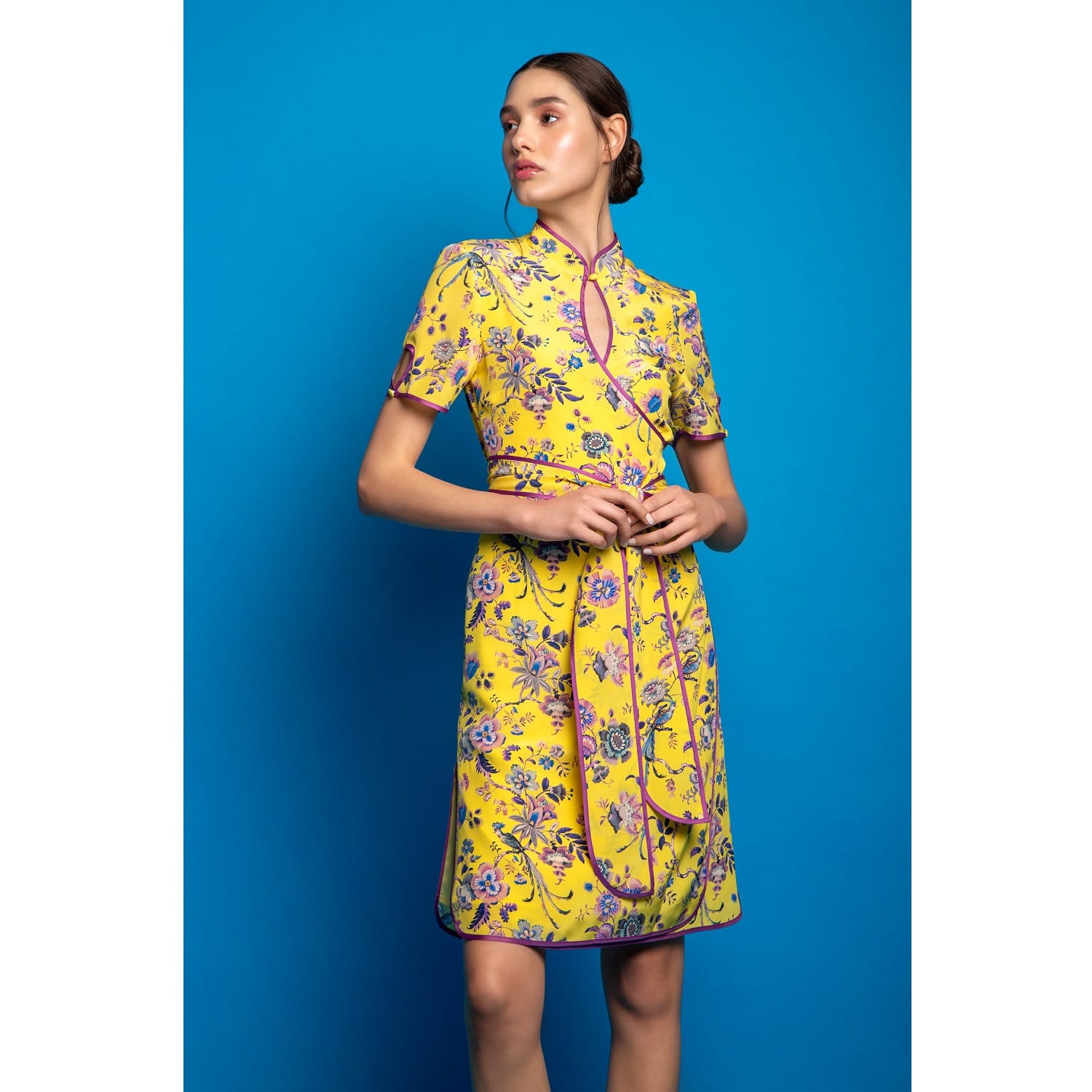 yellow silk wrap dress