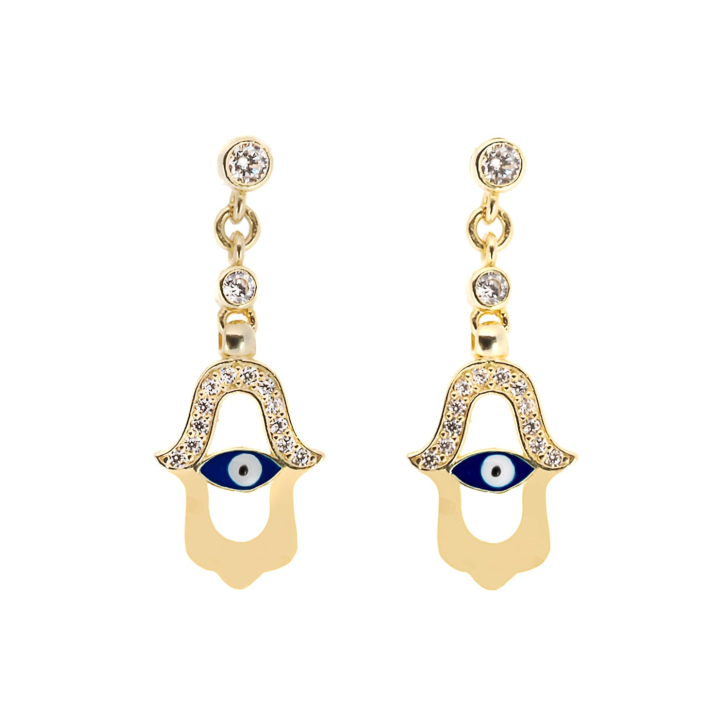 Women’s Gold / Blue / White Blue Enamel Evil Eye Gold Plated Hamsa Earrings - Gold Ebru Jewelry