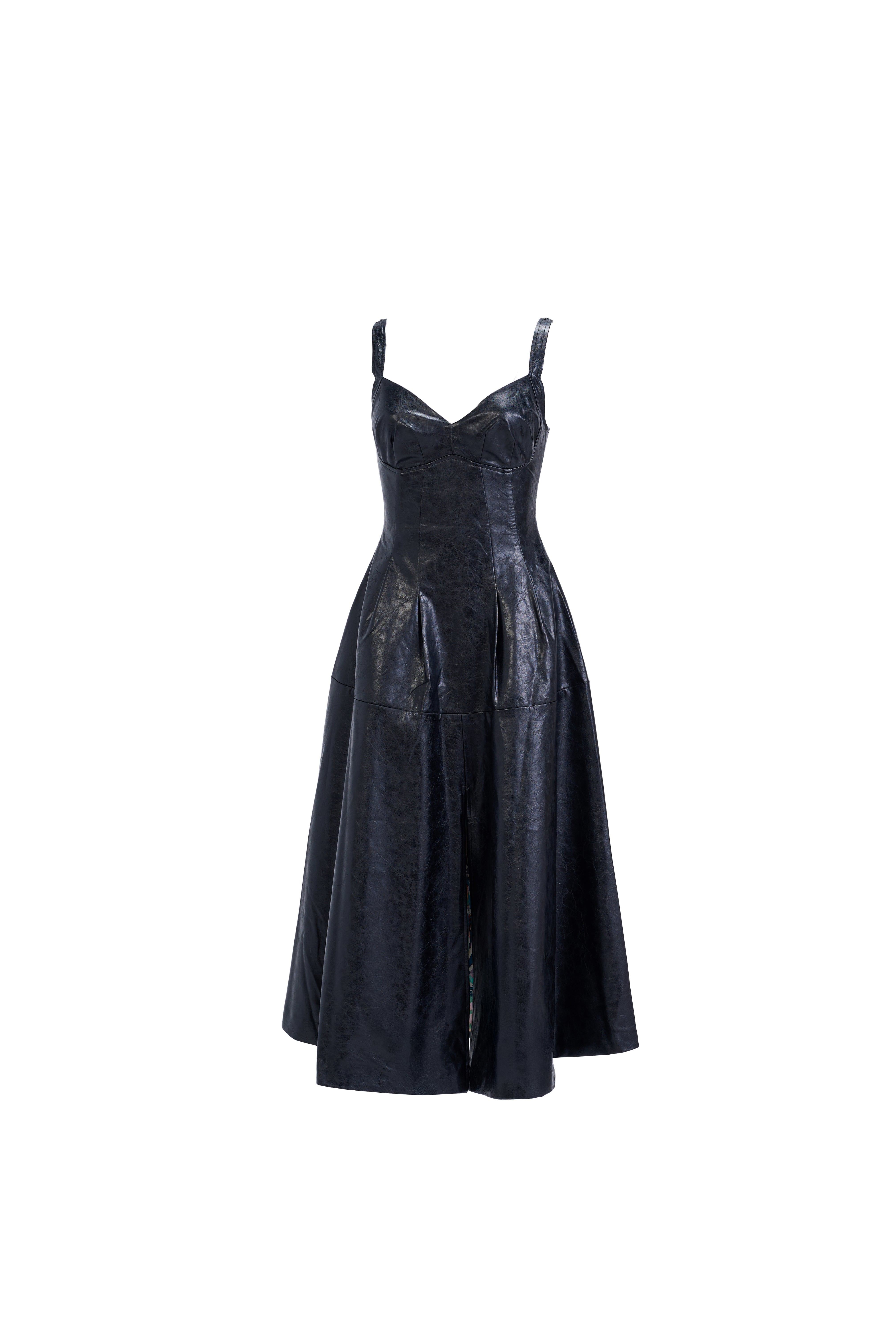 Mov Women's Midi Slit Black Dress — Structured Bustier With Flared Skirt In Vegan Leather In Black