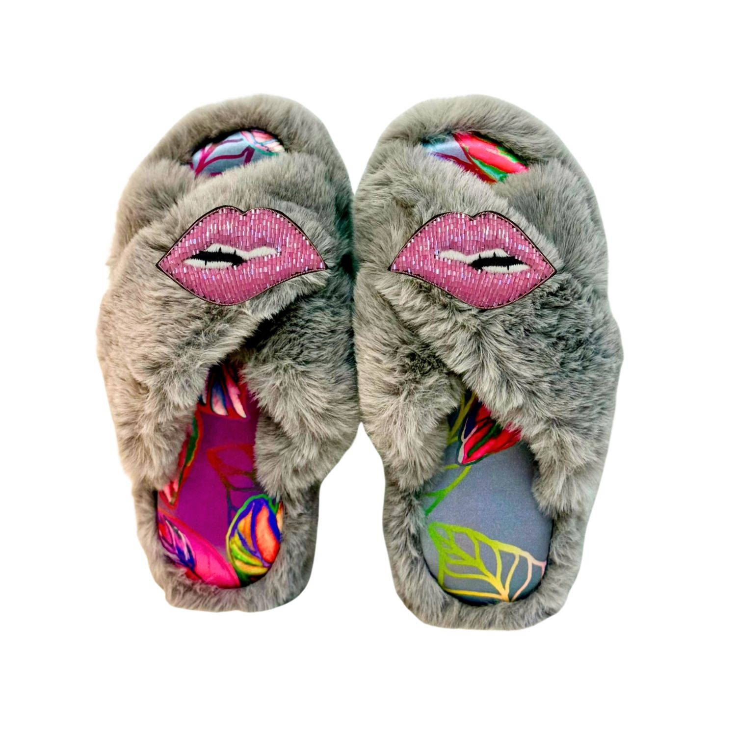 Yomisma Women's Grey Eco Faux Fur Slippers – Tropical Insole + Beaded Lips Brooch In Gray