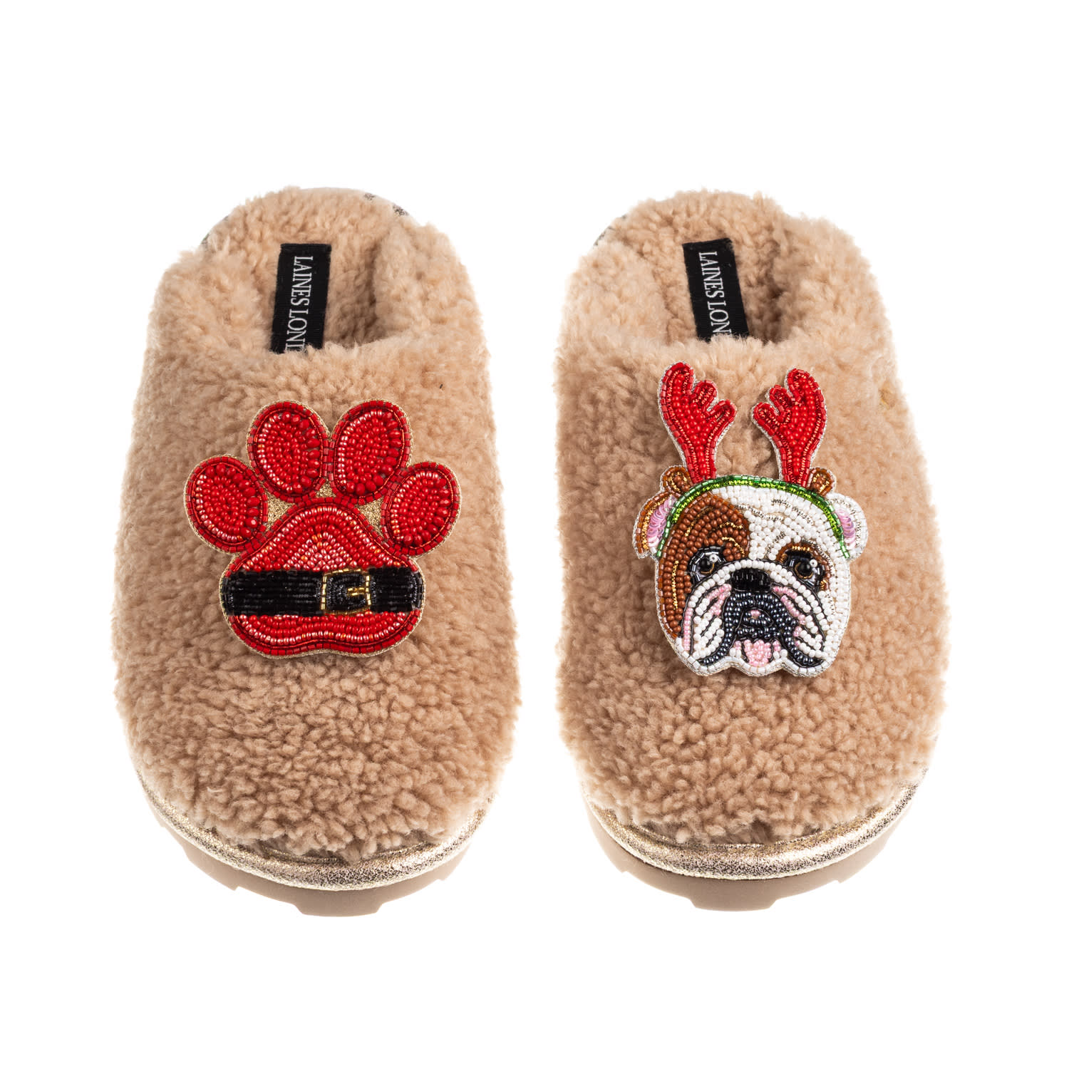 Laines London Women's Brown / Neutrals Teddy Closed Toe Slippers With Christmas British Bulldog & Paw Brooches - T In Brown