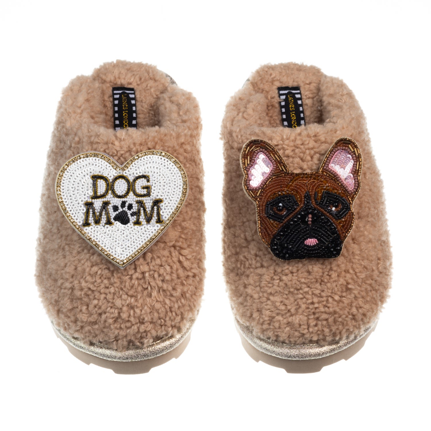 Laines London Women's Brown Teddy Closed Toe Slippers With Cookie The Frenchie & Dog Mum / Mom Brooches - Toffee In Brown