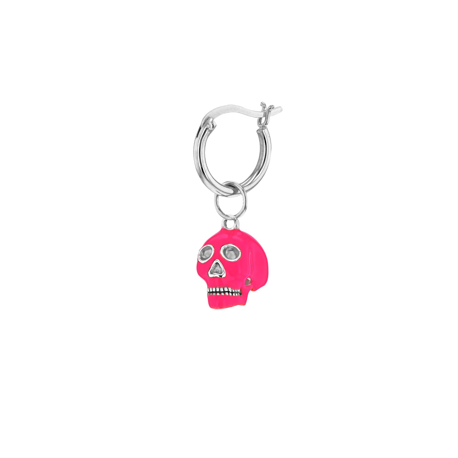 True Rocks Men's Sterling Silver & Neon Pink Mini Skull Charm On Silver Hoop In Pink