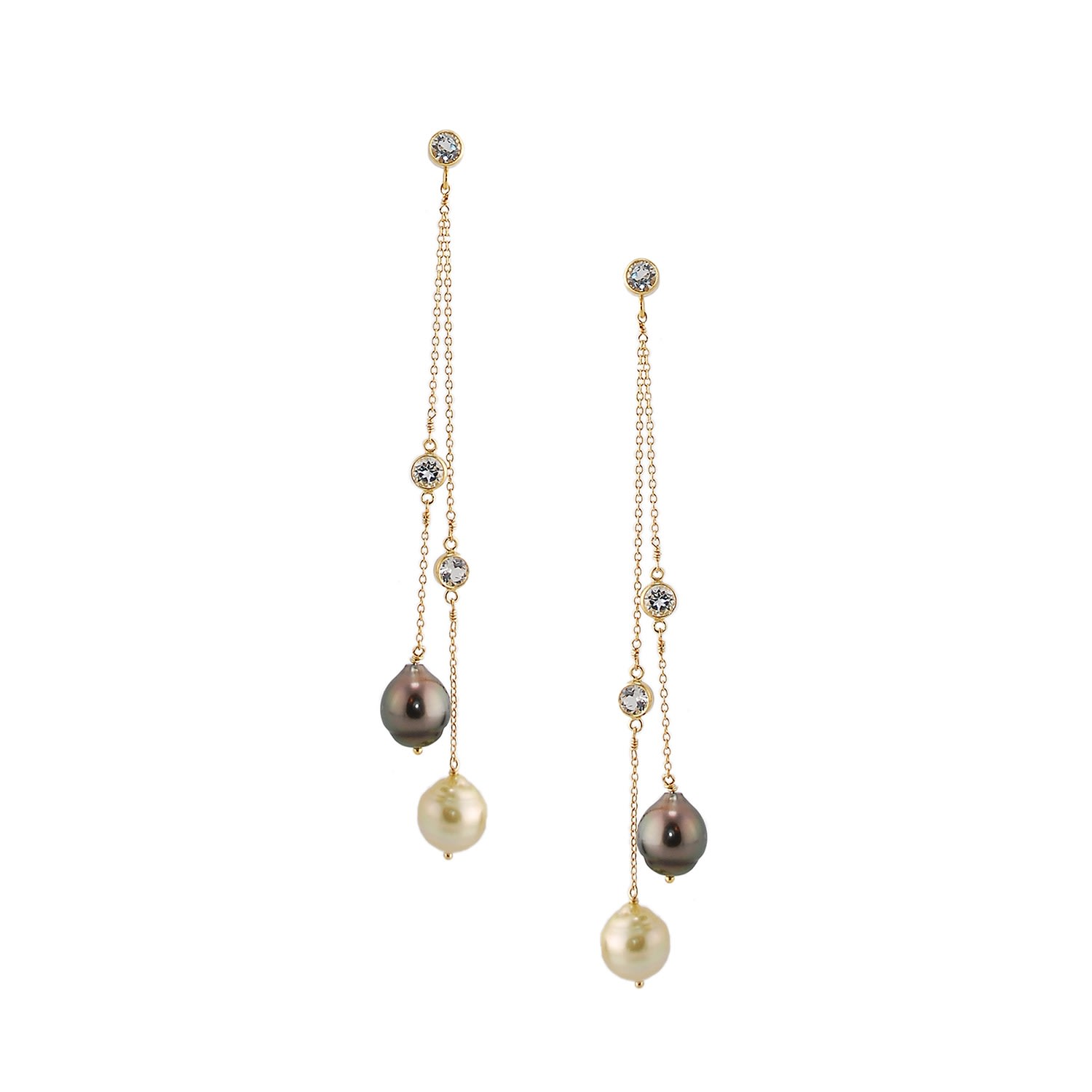 Women’s Golden South Sea Double Strand Saltwater Pearl & White Topaz Long Earring - Black & Green Amy Gambill Designs