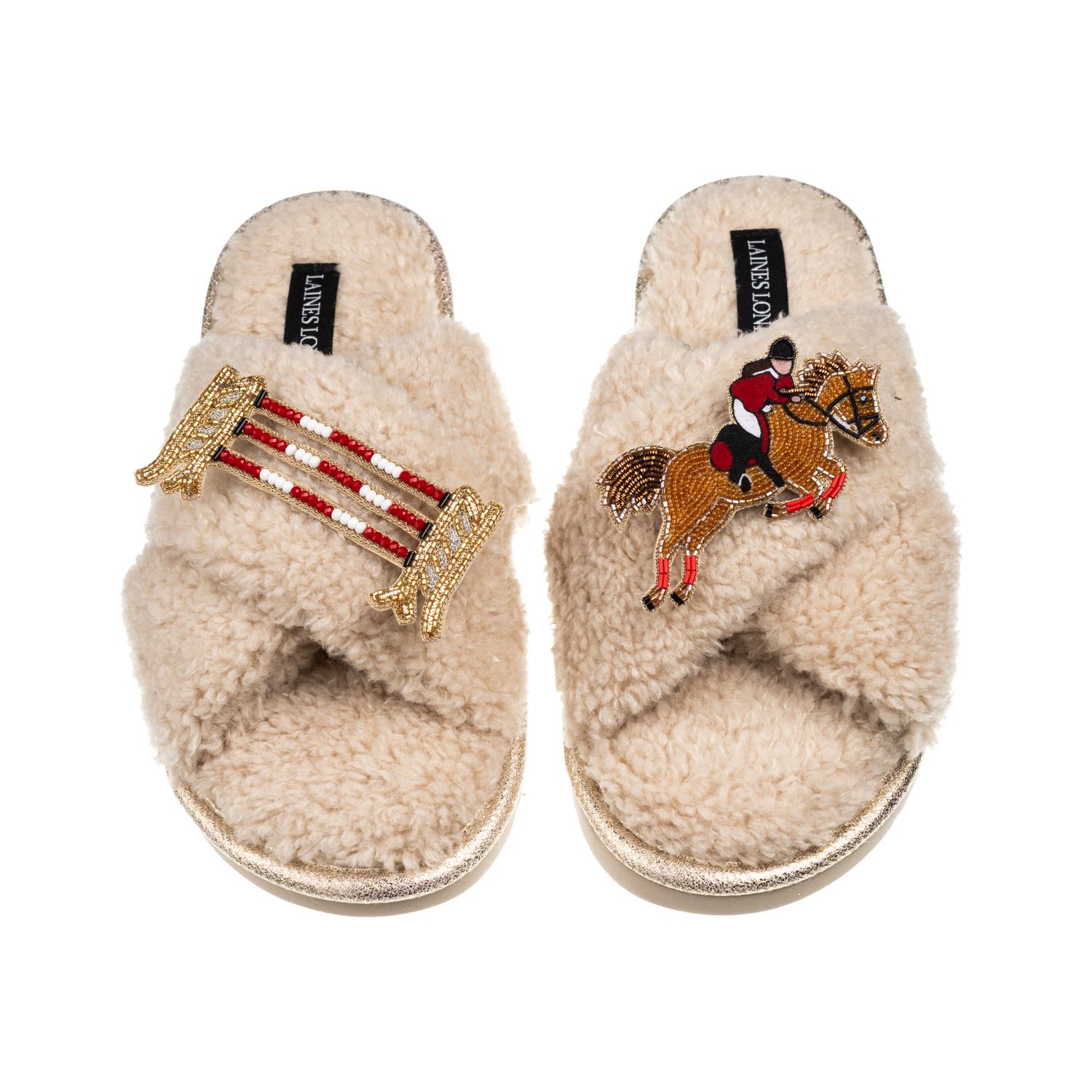 Laines London Women's Brown / Neutrals Laines Neutral Boucle Slippers With Show Jumper Brooches - Oatmeal