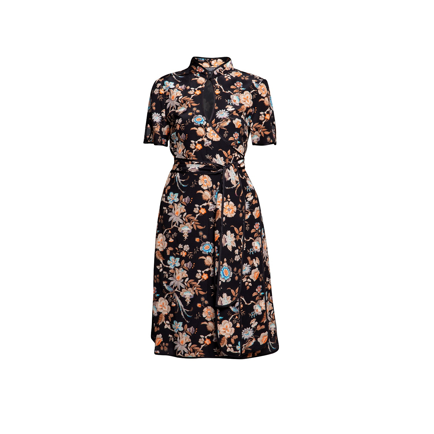 Akiko Kimono Style Silk Wrap Dress With Oriental Print In Black Rumour London Wolf Badger