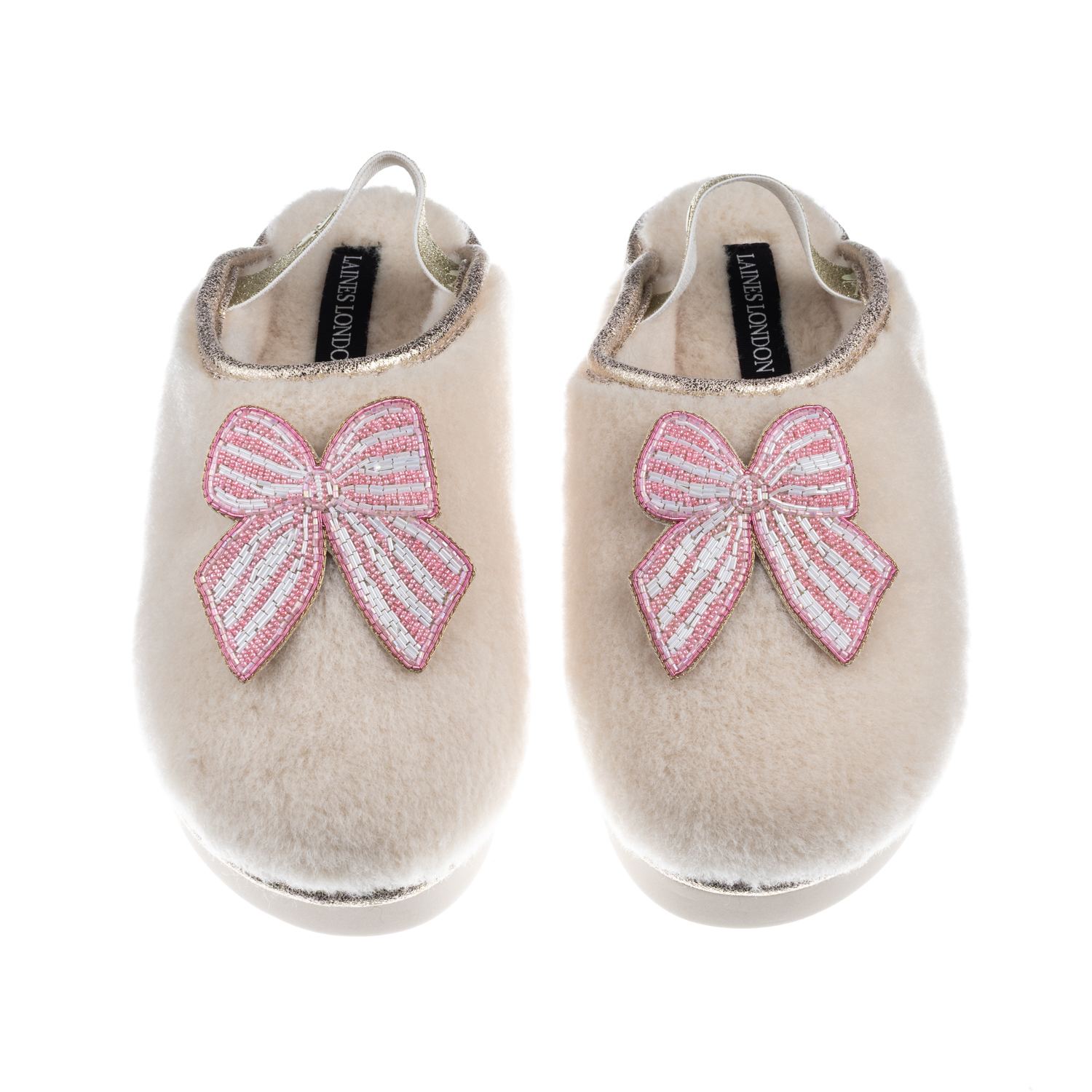 Laines London Women's Gold / Neutrals / White Flatform Cloud Slippers With Pink Stripe Bow Brooches - Cream