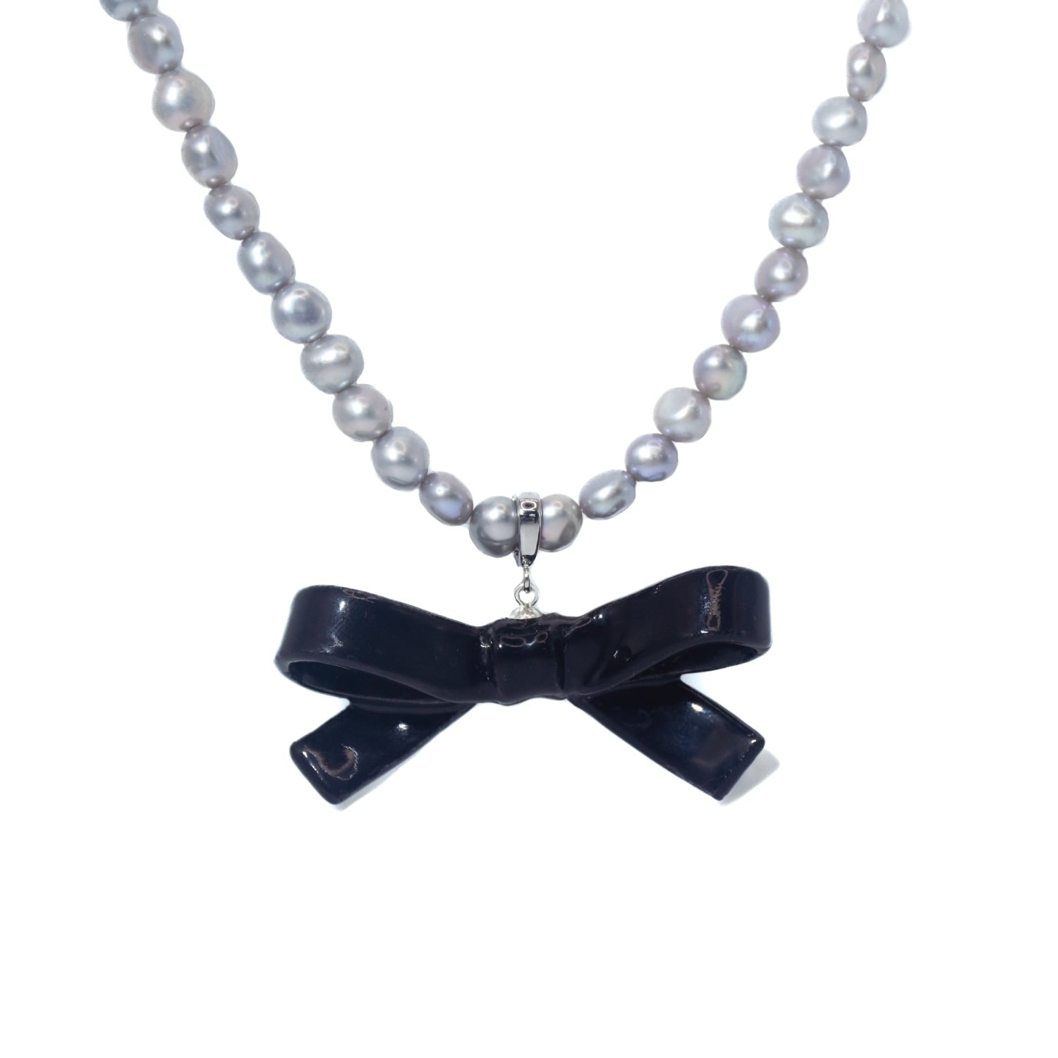 H2 Studio Women's Black / Grey Bow Tie Maniac Black Ribbon Bowtie Detachable Pendant Dove Grey Freshwater Pear In Multi
