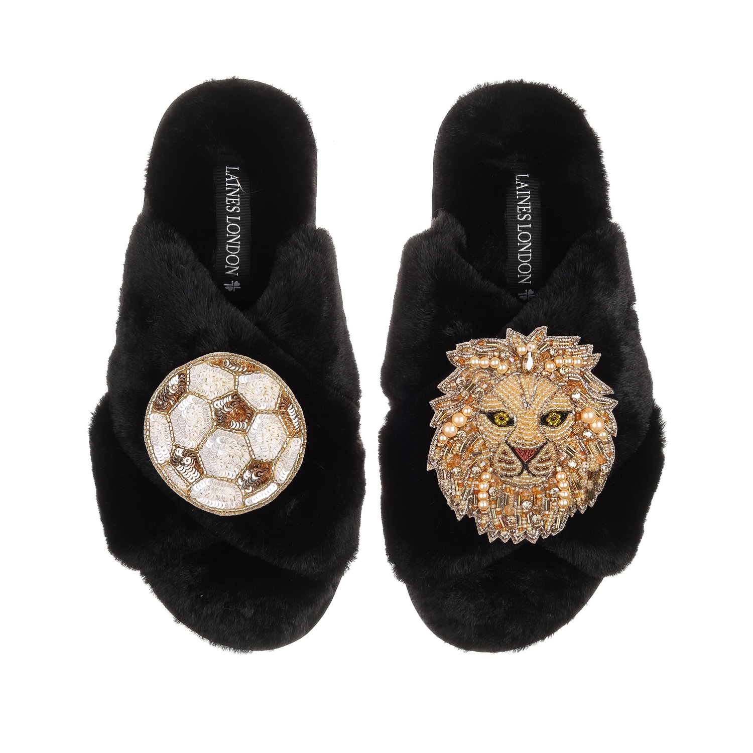 Laines London Women's Classic Laines Slippers With Football & Lion Brooches - Black