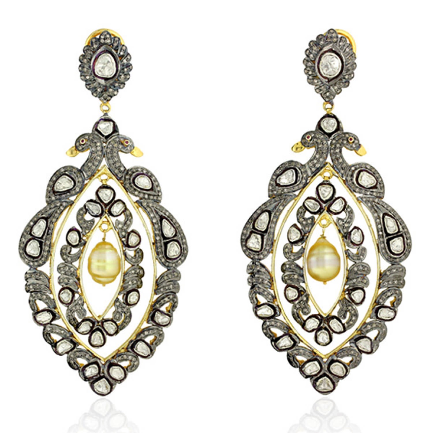 Women’s Gold / White Pearl With Rose Cut Diamond Peacock Design Dangle Earrings In 14Kt Gold Sterling Silver Artisan