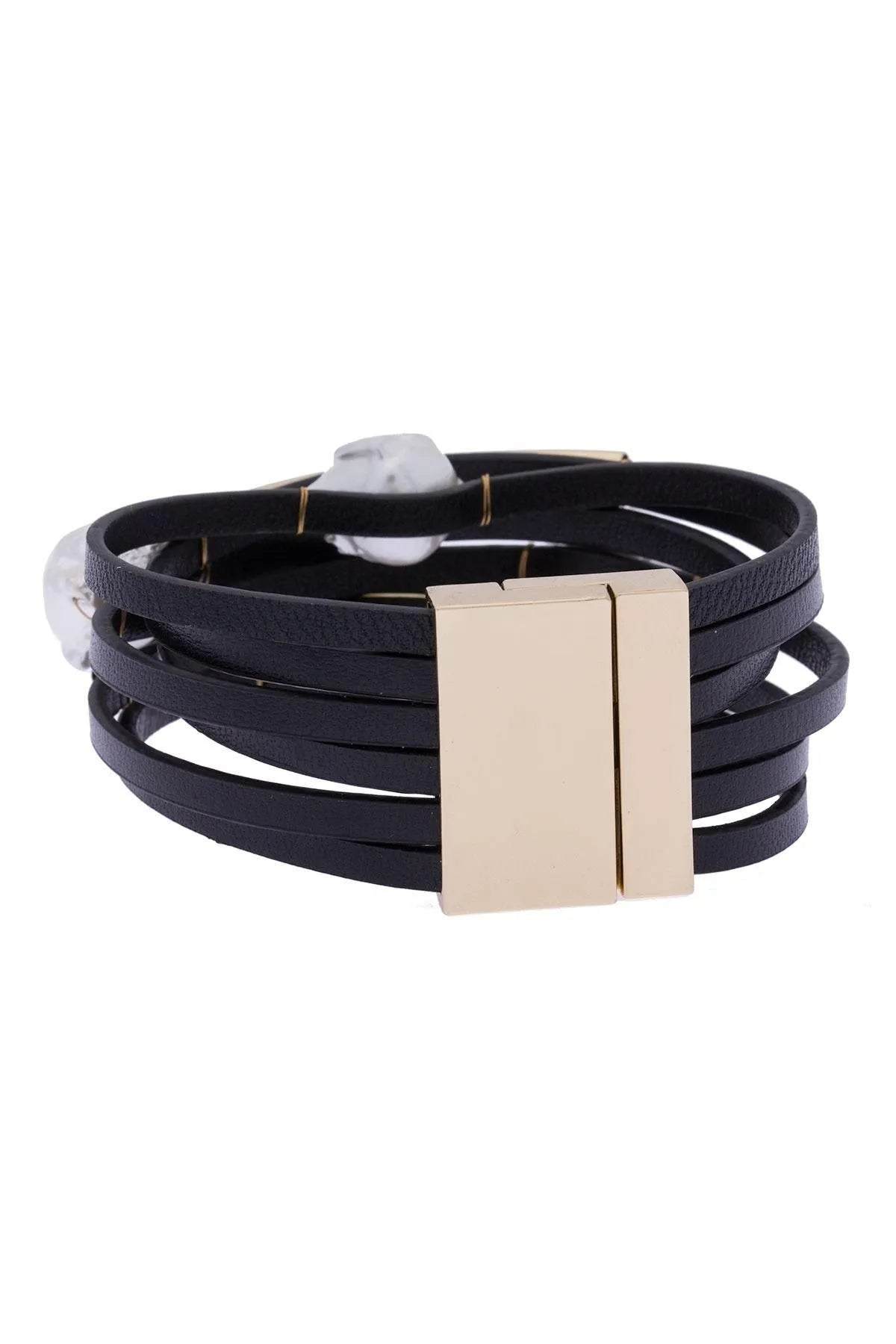 Saachi Women's Black Achai Pearl Double Wrap Leather Bracelet