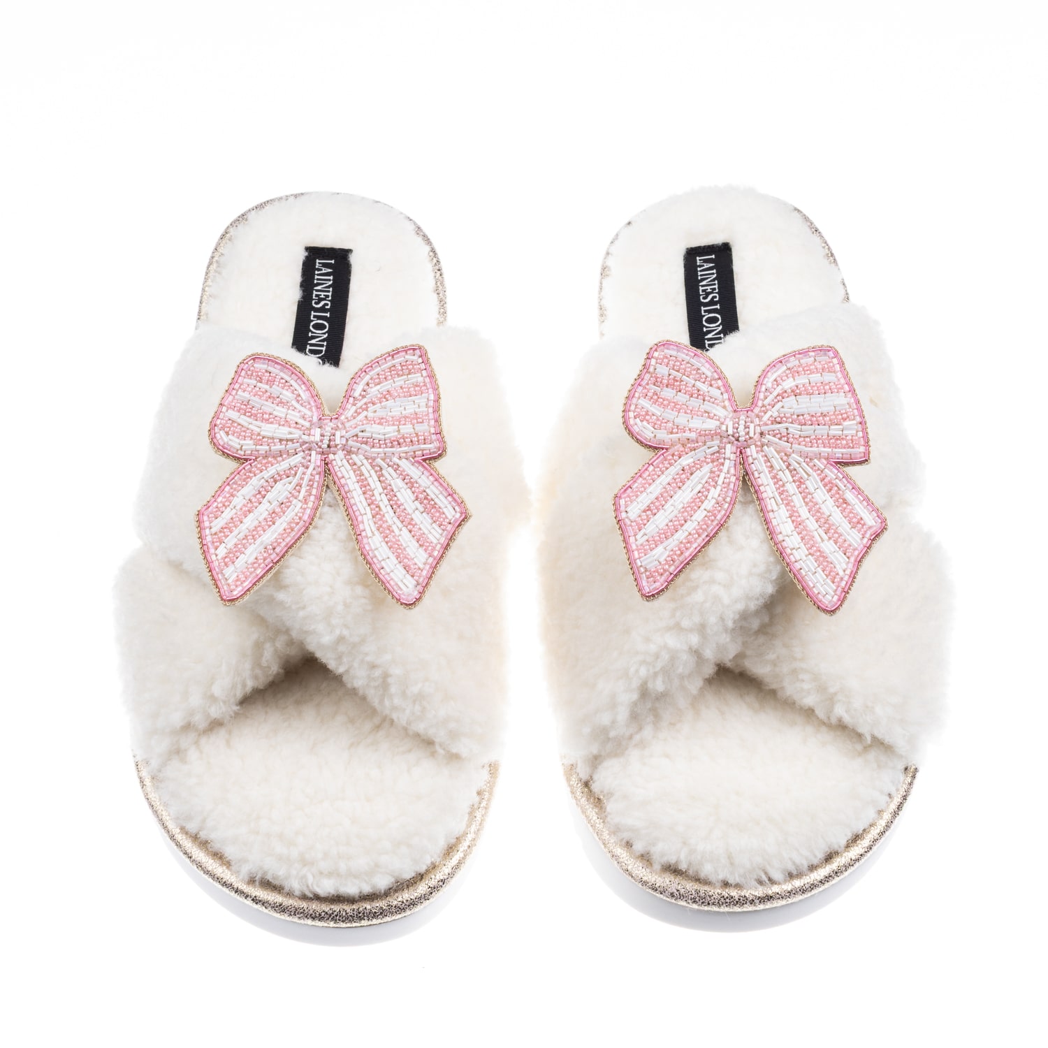 Laines London Women's Neutrals / White Laines Neutral Boucle Slippers With Pink Stripe Bow Brooches - Cream In White
