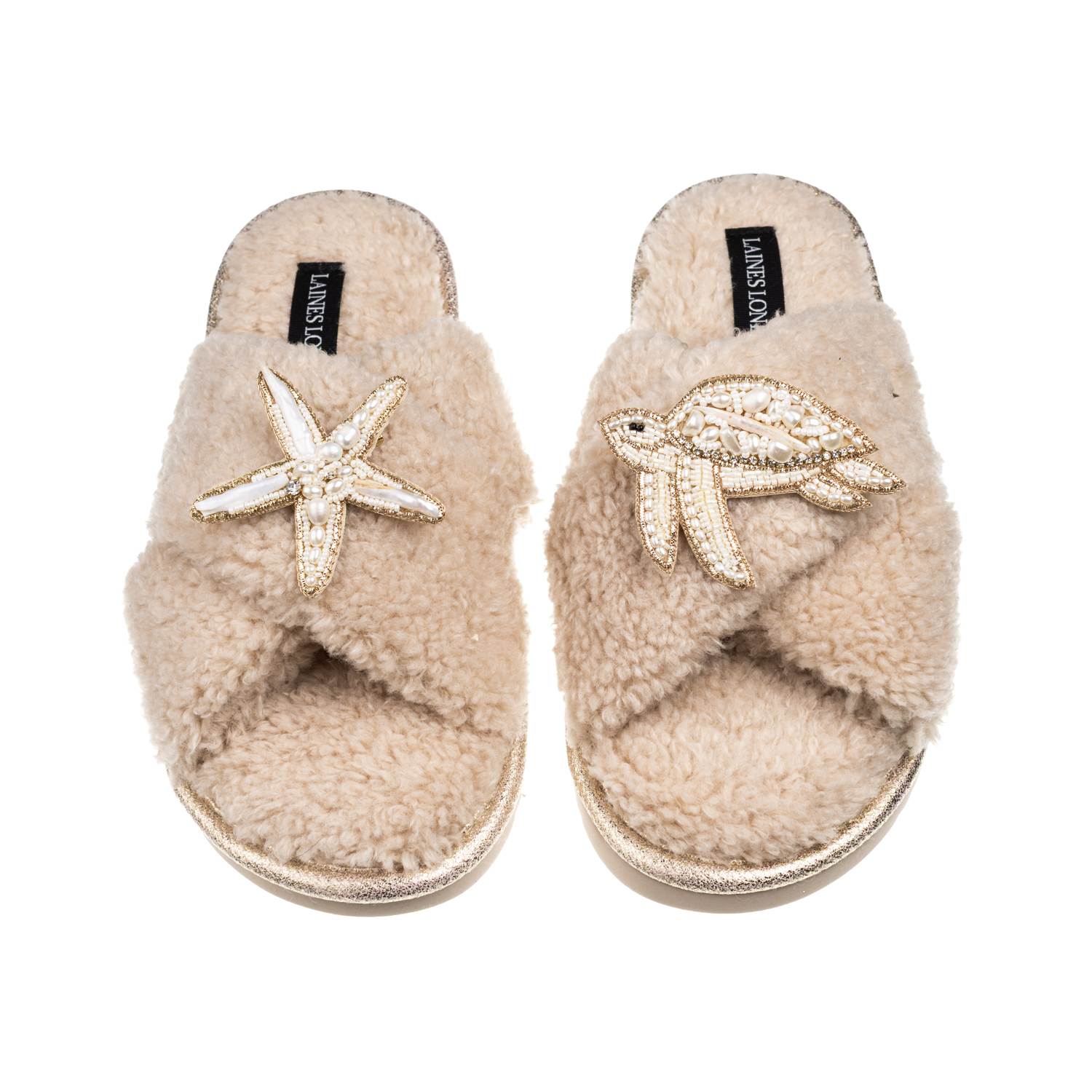 Laines London Women's Brown / Neutrals Laines Neutral Boucle Slippers With Pearl Starfish & Turtle Brooches - Oatm