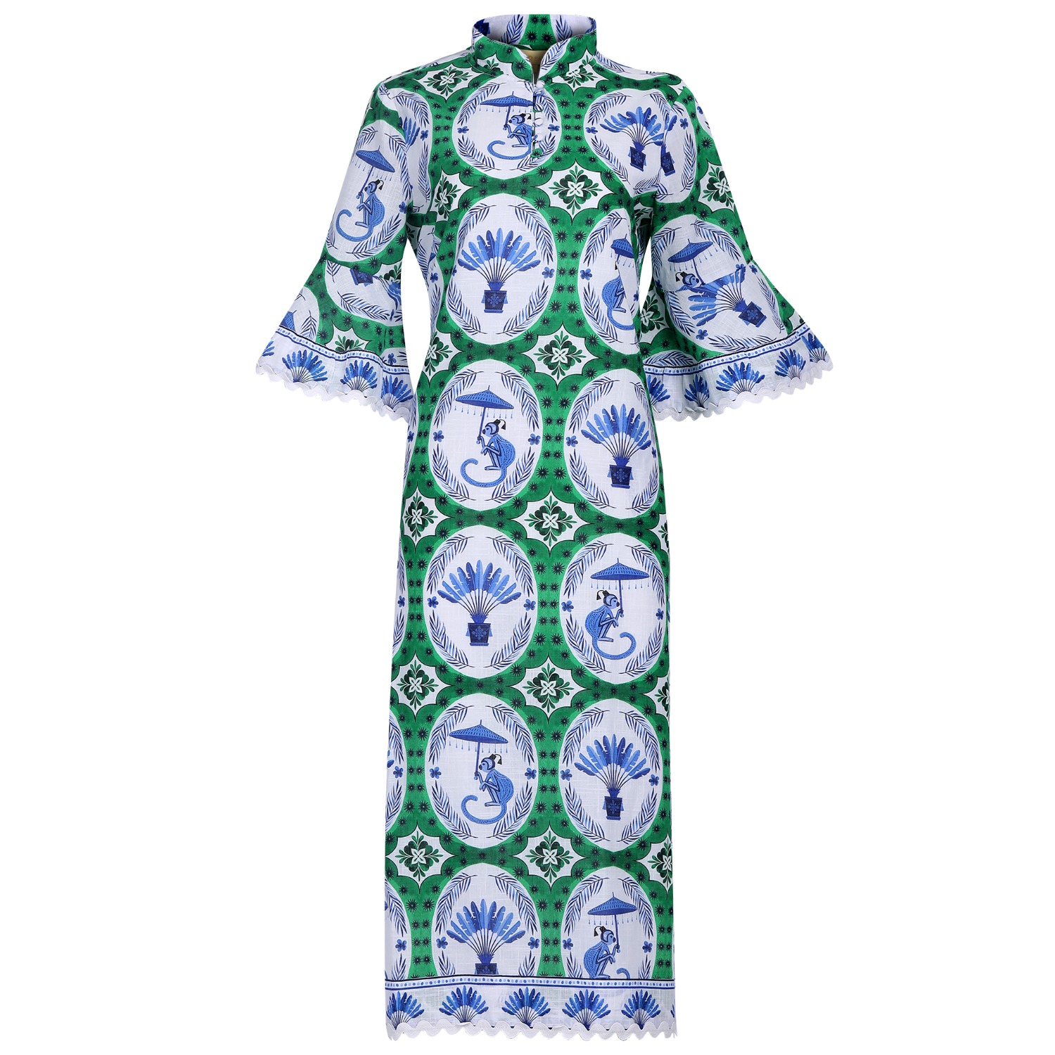 Como Midi | Monkey Chinoiserie Print Green A-Line Midi Dress In
