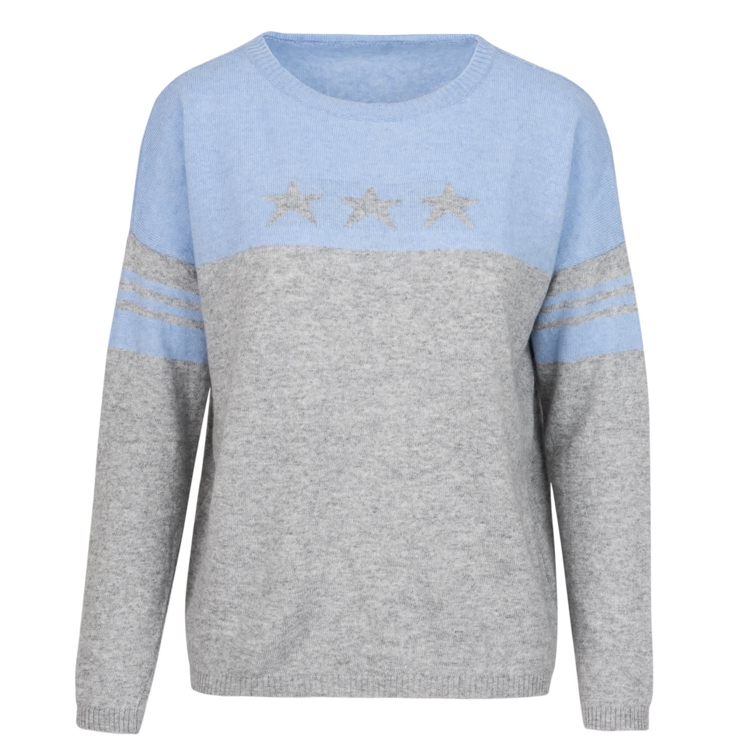 gray sweater with blue stars