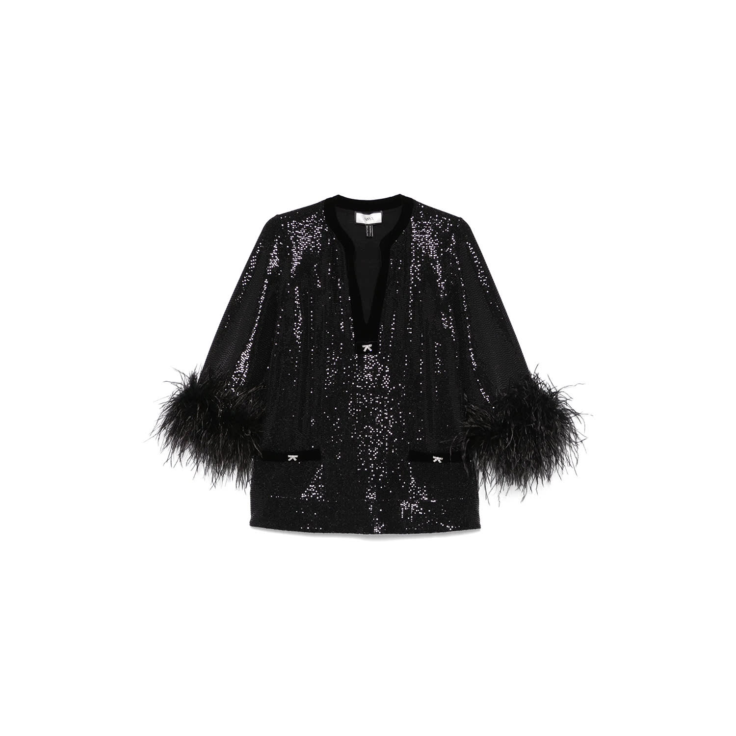 Nissa Women's Black Feather-trimmed Sequined Top