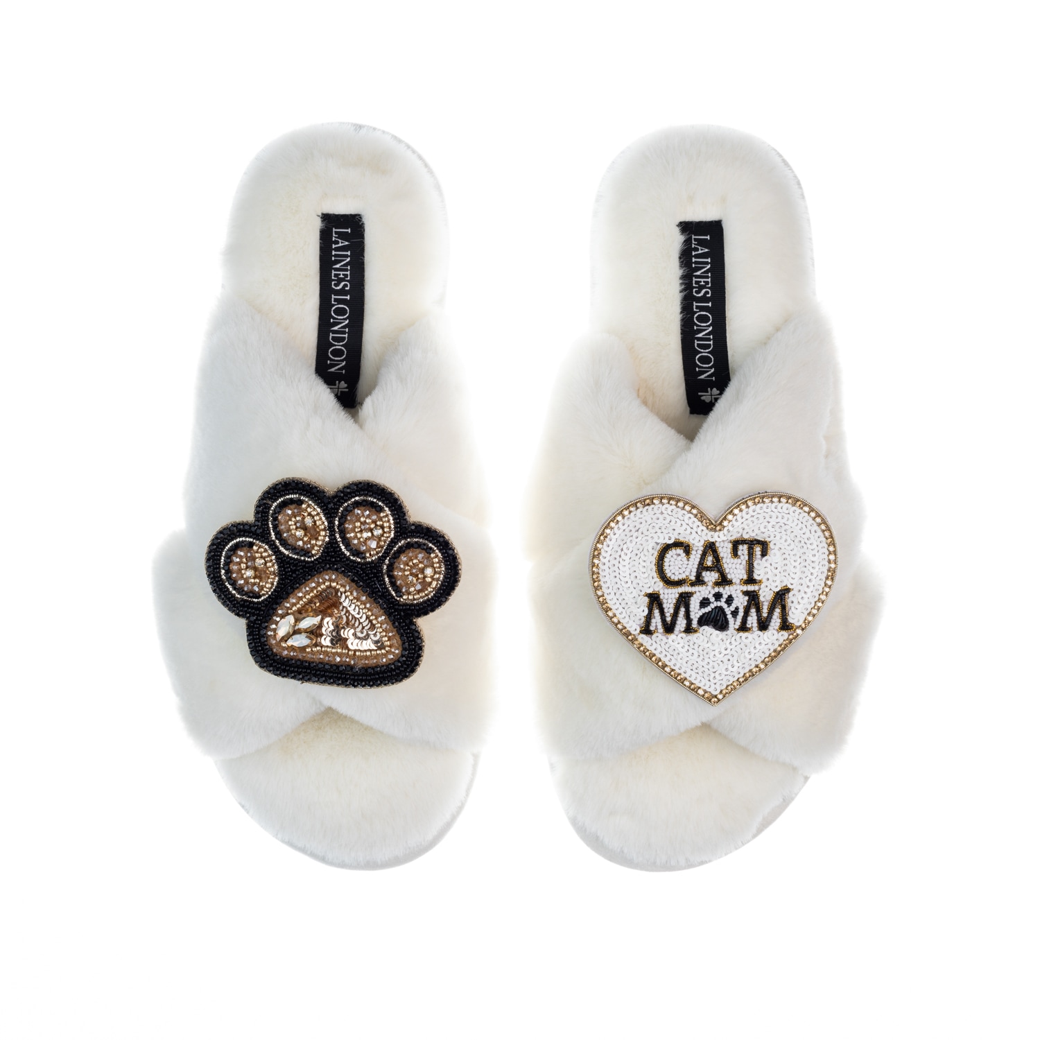 Laines London Women's White Classic Laines Slippers With Paw & Cat Mum / Mom Brooches - Cream In White