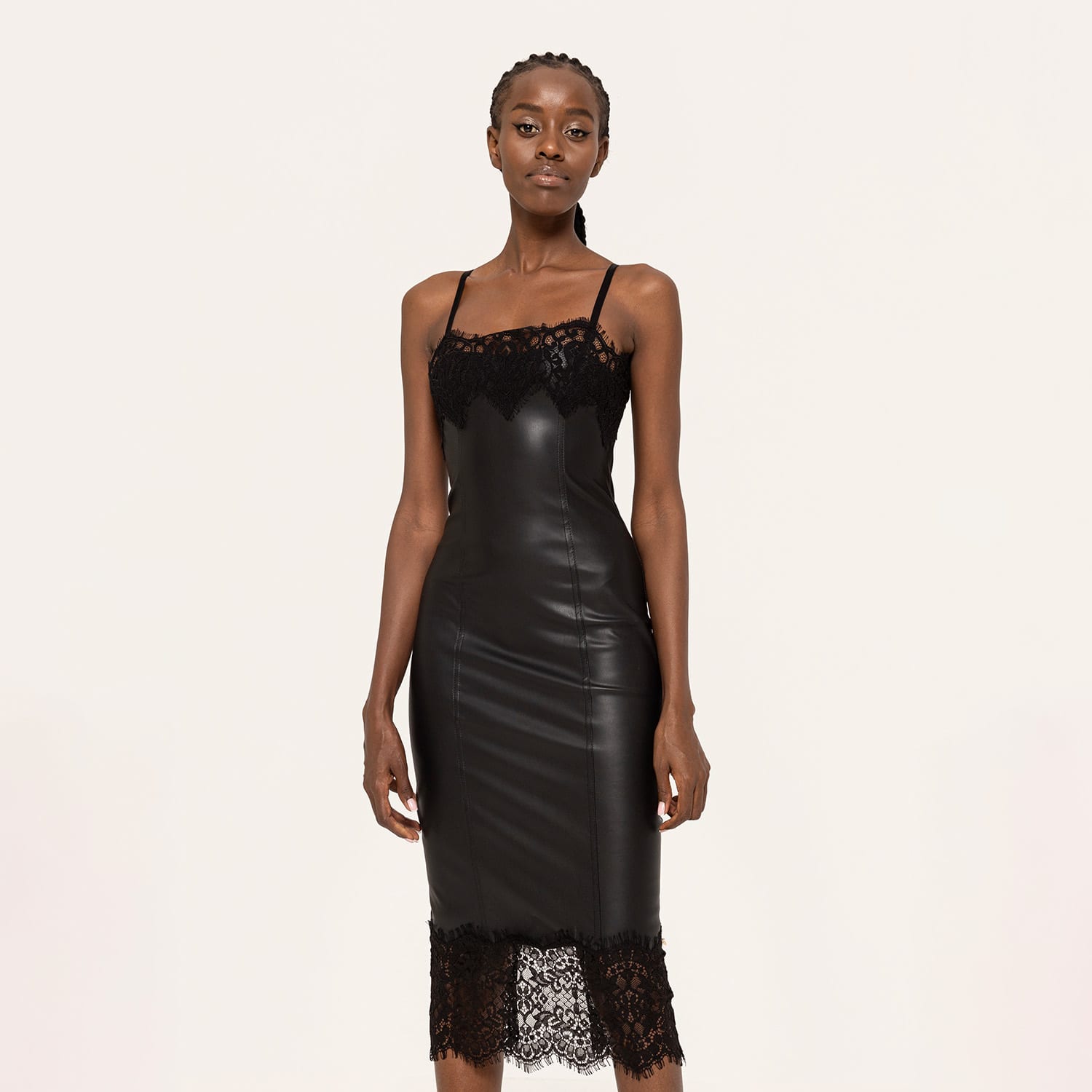 Lace-Trimmed Faux Leather Dress by Nissa